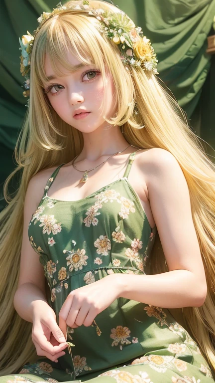 4K ulta HD, master-piece, 1 girl, Good page.., very long hair, Hair ornaments, light makeup, detailed eyes, small round breast, Clothes with special details, (green floral dress:1.5), lace:1.5, (shining set:1.8), Strap dress, necklace, gem, The meadow background has amazing flowers.., Seated,
