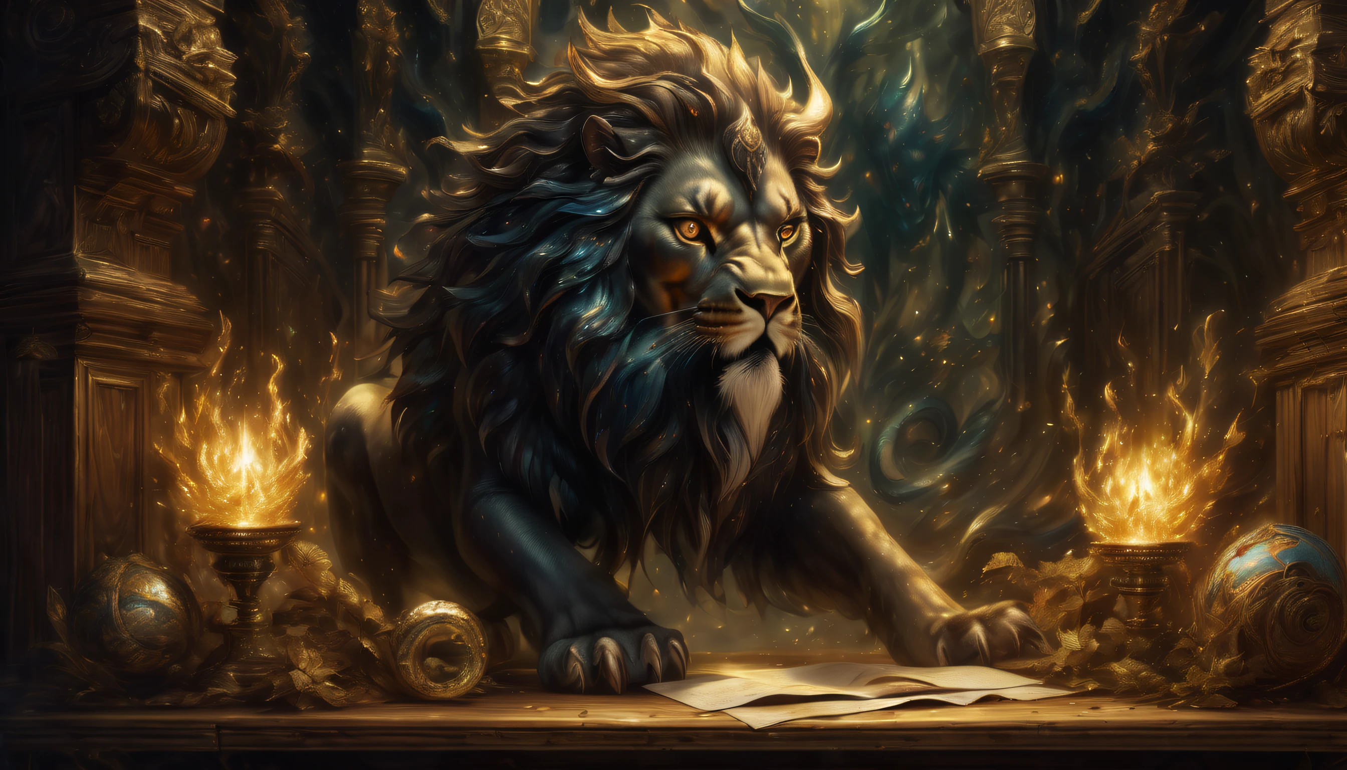(((Fusion postcard illustration on wooden desk:1.3))) (((A design that combines a dark fantasy-style postcard with a divine beast postcard with a majestic design.:1.4))), Surrounded by an otherworldly aura. amazing postcard design. Masterfully crafted digital artwork, Postcard design of mysterious beauty, Skillful use of light and shadow creates mesmerizing effects, Eternal fantasy land, fantasy and mystery, high quality postcards, A truly captivating visual、The experience of skilled rendering technology brings the design, A complex and beautiful visual touch, raw power display. The swirling vortex background adds to the impact, (((High-quality brush strokes give photo-realistic postcards:1.4))). seen from a dramatic angle, 4K pixel masterpieces are ultra-detailed and ultra-realistic, Highly intricate and fine detail quality, Fantastic and mysterious atmosphere, Light and shadow interaction, (((Postcards drawn with amazing precision and skill:1.3))),