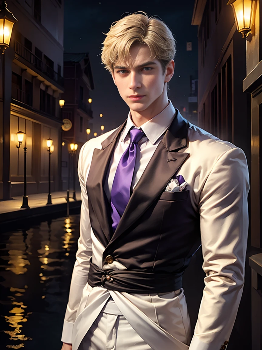 Constantine the Great, the reigning Roman Emperor。one mature man。he is wearing a high quality white suit。dark purple tie。Light purple shirt。He&#39;s looking at you with bright, sharp eyes like a lion&#39;s.。forceful。An overwhelming sense of control。lyrical。Venice background in the sunset。​masterpiece。top-quality。Super beautiful。The ultra -The high-definition。detaileds。exquisite。