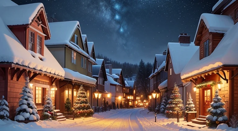 illustration, vector, high quality, high resolution, masterpiece, beautiful Christmas celebration, heartwarming, warmth, joy, festive charm, twinkling lights, snow-kissed trees, quaint village bustling with seasonal cheer, vibrant colors