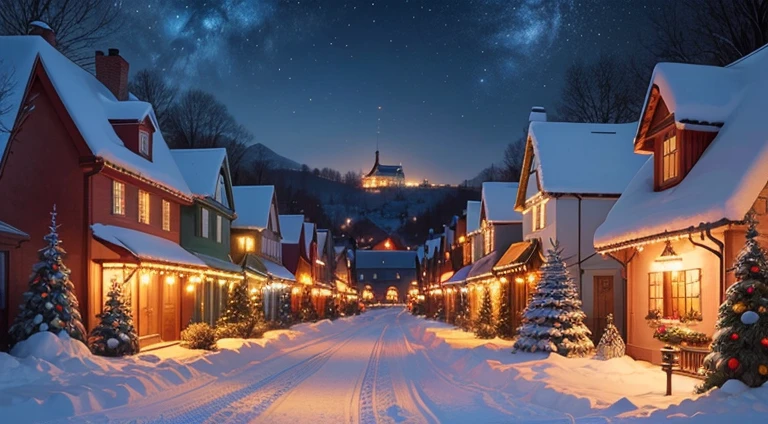 illustration, vector, high quality, high resolution, masterpiece, beautiful Christmas celebration, heartwarming, warmth, joy, festive charm, twinkling lights, snow-kissed trees, quaint village bustling with seasonal cheer, vibrant colors