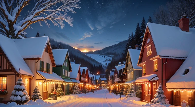 illustration, vector, high quality, high resolution, masterpiece, beautiful Christmas celebration, heartwarming, warmth, joy, festive charm, twinkling lights, snow-kissed trees, quaint village bustling with seasonal cheer, vibrant colors