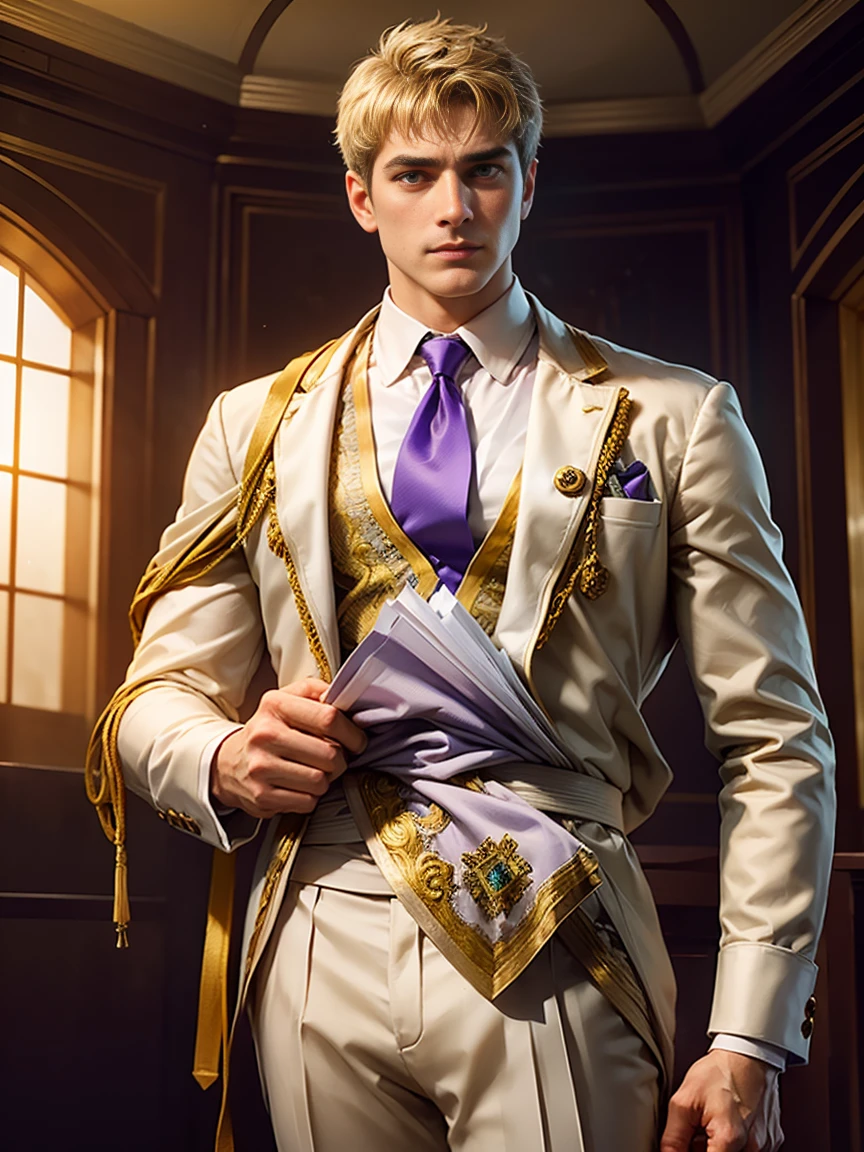 The prompt for this theme is: "mature man, resurrected Roman Emperor Constantine the Great. He is wearing a high-quality white suit, with a dark purple tie and a light purple shirt. He has a lion-like appearance, with bright and sharp eyes that stare directly at you. He exudes a powerful and commanding presence. The background is set in Venice, with the beautiful sunset casting a warm glow. The overall image is a masterpiece, with the highest quality and a stunning level of detail. It captures the essence of the powerful ruler in a lyrical and captivating manner. The artwork is ultra-beautiful, with a mesmerizing level of realism. The lighting is carefully crafted to enhance the overall atmosphere, creating a sense of awe and wonder."