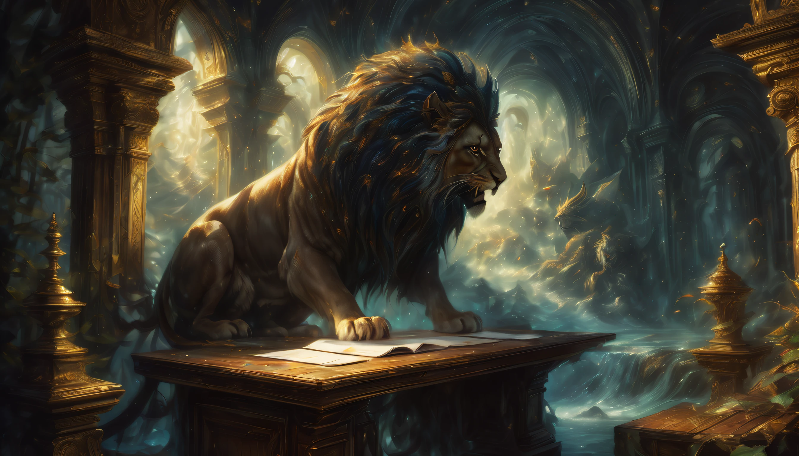 (((Fusion postcard illustration on wooden desk:1.3))) (((A design that combines a dark fantasy-style postcard with a divine beast postcard with a majestic design.:1.4))), A postcard design that evokes an otherworldly atmosphere. Masterfully crafted digital art postcards, Postcard design of mysterious beauty, Skillful use of light and shadow creates mesmerizing effects, Eternal fantasy land, fantasy and mystery, high quality postcards, A truly captivating visual、The experience of skilled rendering technology brings the design, A complex and beautiful visual touch, raw power display. The swirling vortex background adds to the impact, (((High-quality brush strokes give photo-realistic postcards:1.4))). seen from a dramatic angle, 4K pixel masterpieces are ultra-detailed and ultra-realistic, Highly intricate and fine detail quality, Fantastic and mysterious atmosphere, Light and shadow interaction, (((Postcards drawn with amazing precision and skill:1.3))),