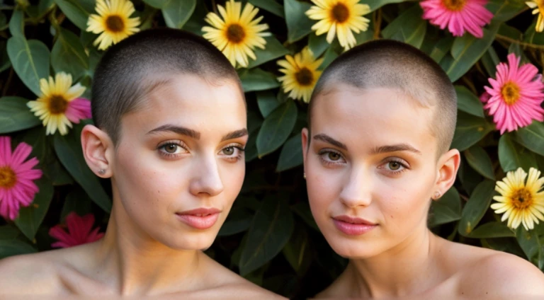 Two very pretty 21 year old girl BDSM models, buzz cut, topless. Facing viewer, floral theme, soothing tones, vivid colours, high contrast, (natural skin texture, hyperrealism, soft light, sharp) glamour magazine