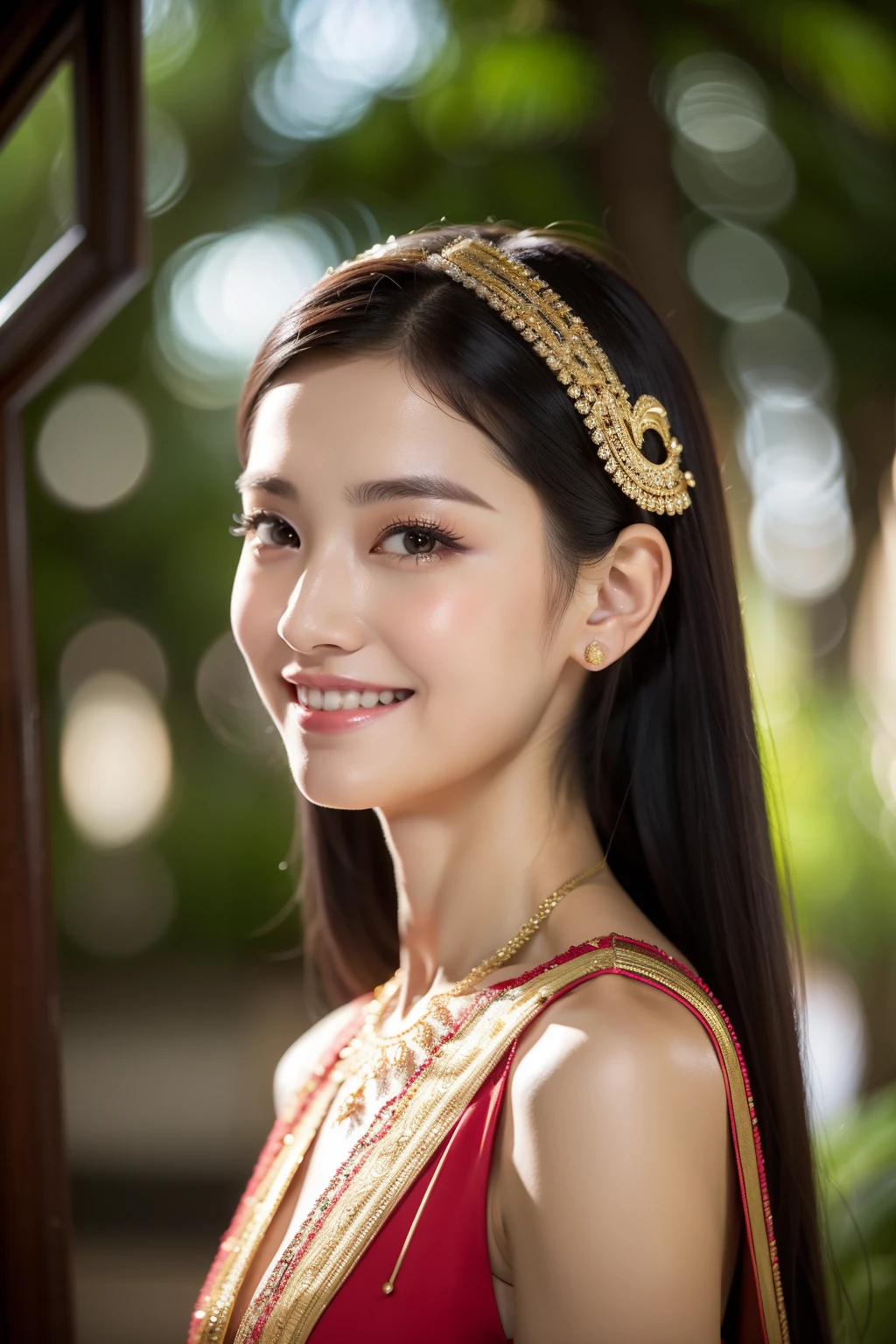 （8K分辨率，Photos above the legs），（Multiple women，20yr old，（Facial features of Thai Min：1.8，Thin skeletal cheeks，s delicate face），com rosto detalhado，Lovely face，com rosto detalhado，详细的脸，Ultra-fine makeup，Black colored eyes，（looking to the camera），Long dark red hair，（Messy has layers），Redlip，Fair smooth skin，（Best Skin Type：1.21），mediuml breasts，（（Ancient Thai women's clothing，Delicate shawl straps，Luxury ladies' tube dresses），A small number of flower hairpins，Luxury necklaces and bracelets），Tall and tall，perfect hand，Ultra-fine clothing material），（party，banquet，tropical trees，Exquisite environmental details），（exhilarated，confident smile，Rejoice，intimacy），（profesional lighting，动态照明），（（Strong color contrast，Noble and sexy，elegant（golden colored，red colour，In pink））），（Golden section，Dynamic shots，Hasselblad photograp，tmasterpiece：1.3），（Noble temperament，mistic，Fashionab，trendsetting，Artis，Art platform）