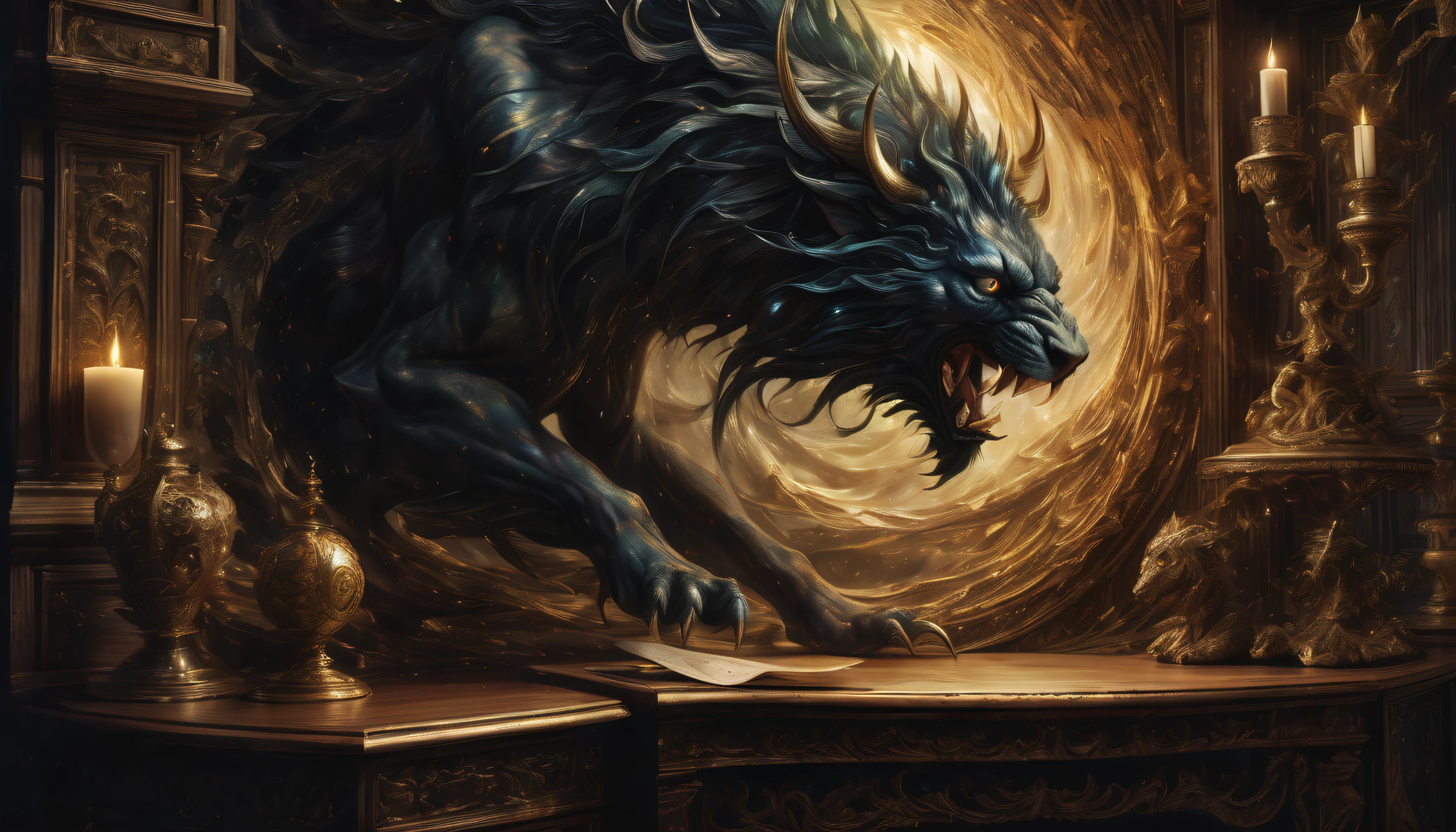 (((Photo of a postcard on a wooden desk:1.4))) (((A design that combines a dark fantasy-style postcard with a divine beast postcard with a majestic design.:1.4))), A postcard design that evokes an otherworldly atmosphere. Masterfully crafted digital art postcards, Postcard design of mysterious beauty, Skillful use of light and shadow creates mesmerizing effects, Eternal fantasy land, fantasy and mystery, high quality postcards, A truly captivating visual、The experience of skilled rendering technology brings the design, A complex and beautiful visual touch, raw power display. The swirling vortex background adds to the impact, (((High-quality brush strokes give photo-realistic postcards:1.4))). seen from a dramatic angle, 4K pixel masterpieces are ultra-detailed and ultra-realistic, Highly intricate and fine detail quality, Fantastic and mysterious atmosphere, Light and shadow interaction, (((Postcards drawn with amazing precision and skill:1.3))),