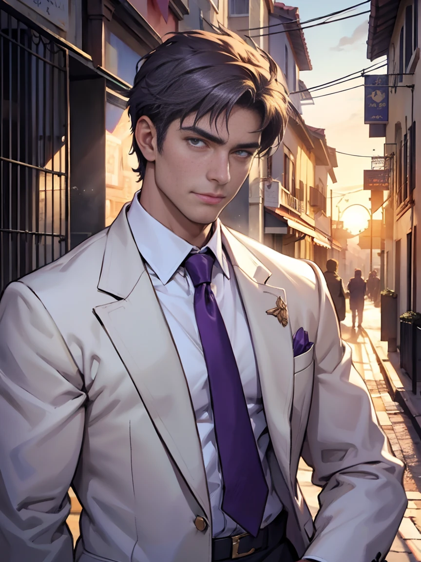 Constantine the Great, the reigning Roman Emperor。one mature man。he is wearing a high quality white suit。dark purple tie。Light purple shirt。Lion-like。Looking at you with bright and sharp eyes。forceful。An overwhelming sense of control。lyrical。Venice background in the sunset。masterpiece。top-quality。Super beautiful。The ultra -The high-definition。detaileds。exquisite。