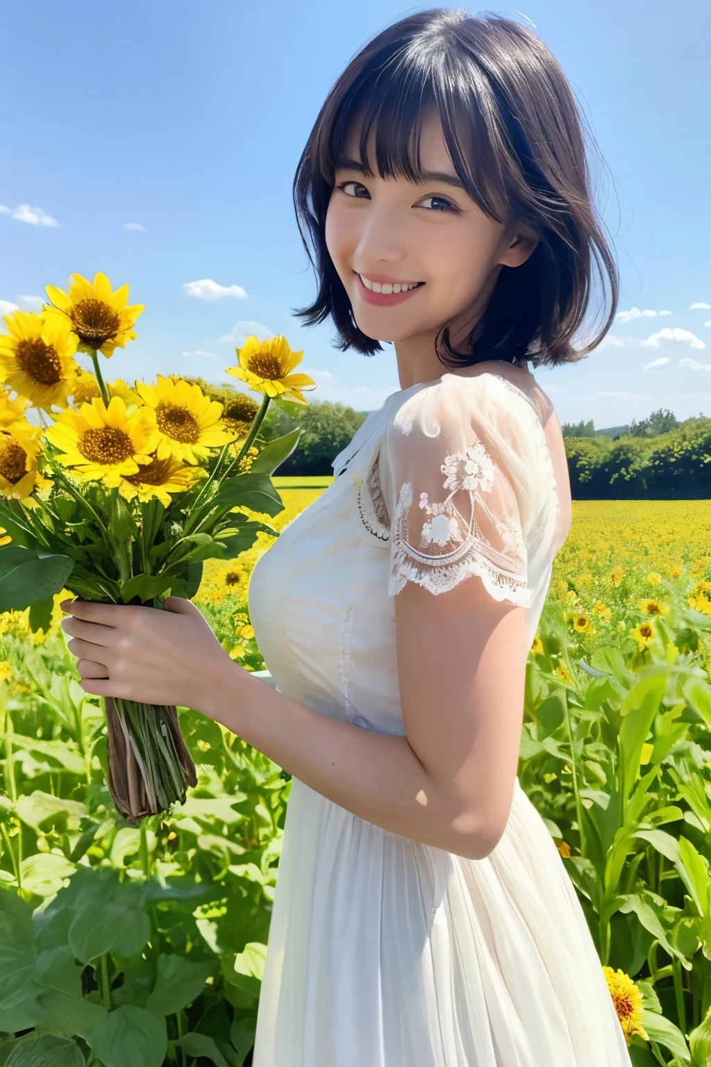 Beautiful girl in dress with sunflower in hand, Sunflower, 1girl in, Solo, flower, Outdoors, Dress, White Dress, Holding, Looking at Viewer, skyporn, Blue eyes, day, 鎖骨, breasts, field, Bangs, blush, Short hair, Black hair, Closed mouth, Holding flowers, frilld, Blue sky, frilly dress,See-through,Lace embroidery,Mischievous smile,grin,Mischievous grin,