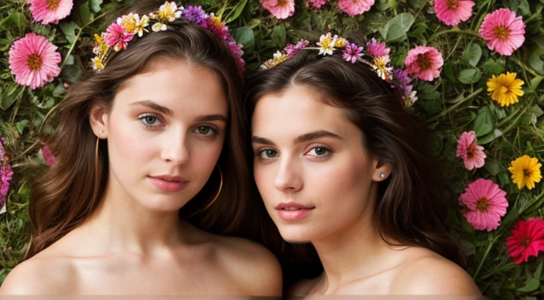 Two very pretty 21 year old girl BDSM models, topless.  Facing viewer, floral theme, soothing tones, vivid colours, high contrast, (natural skin texture, hyperrealism, soft light, sharp) glamour magazine