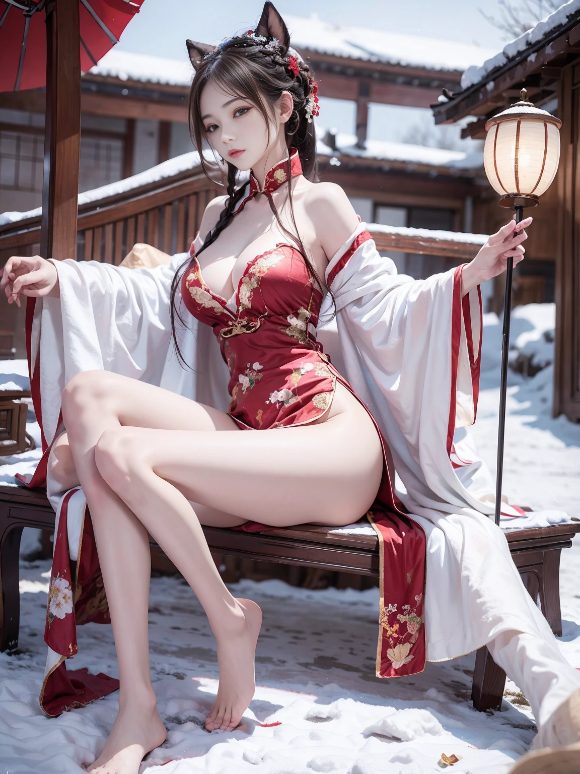 (quality、tmasterpiece:1.2)， girl，Single braid，white color hair、Smooth skin、Beautiful mouth、Smooth and slender figure，Chinese style pocket cloth，Red ornate Chinese cheongsam，themoon，Lying in the snow，bedridden，Riding position，Visible on the back，Visible nipple，((show great softness)),visible from the side,Accent strapless,Clear silk scarf，Translucent white plush shawl，red and white， old umbrella fan，SakuraNS，stick leaf decoration