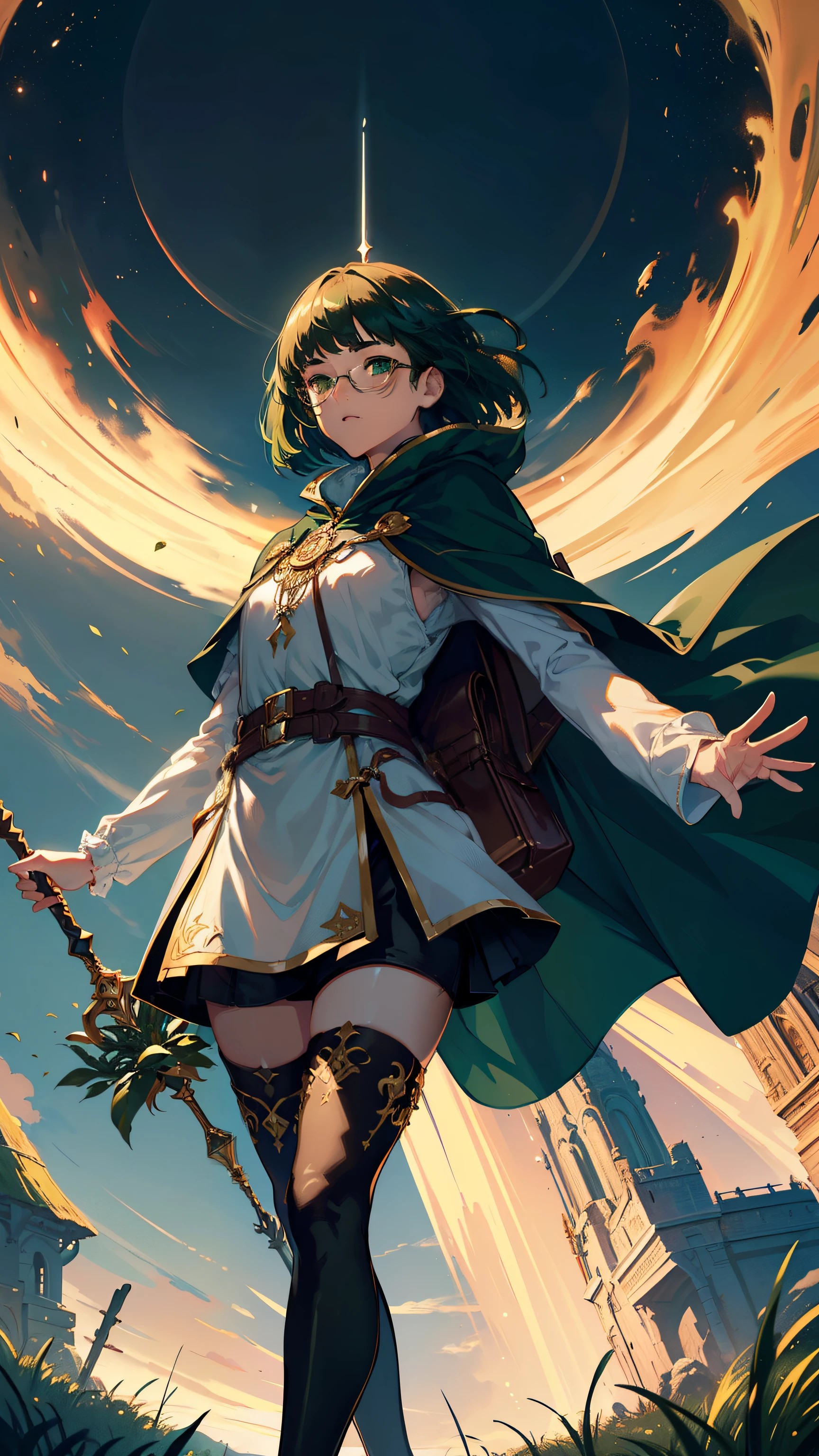 A woman in a white dress and green cape holding a sword - SeaArt AI