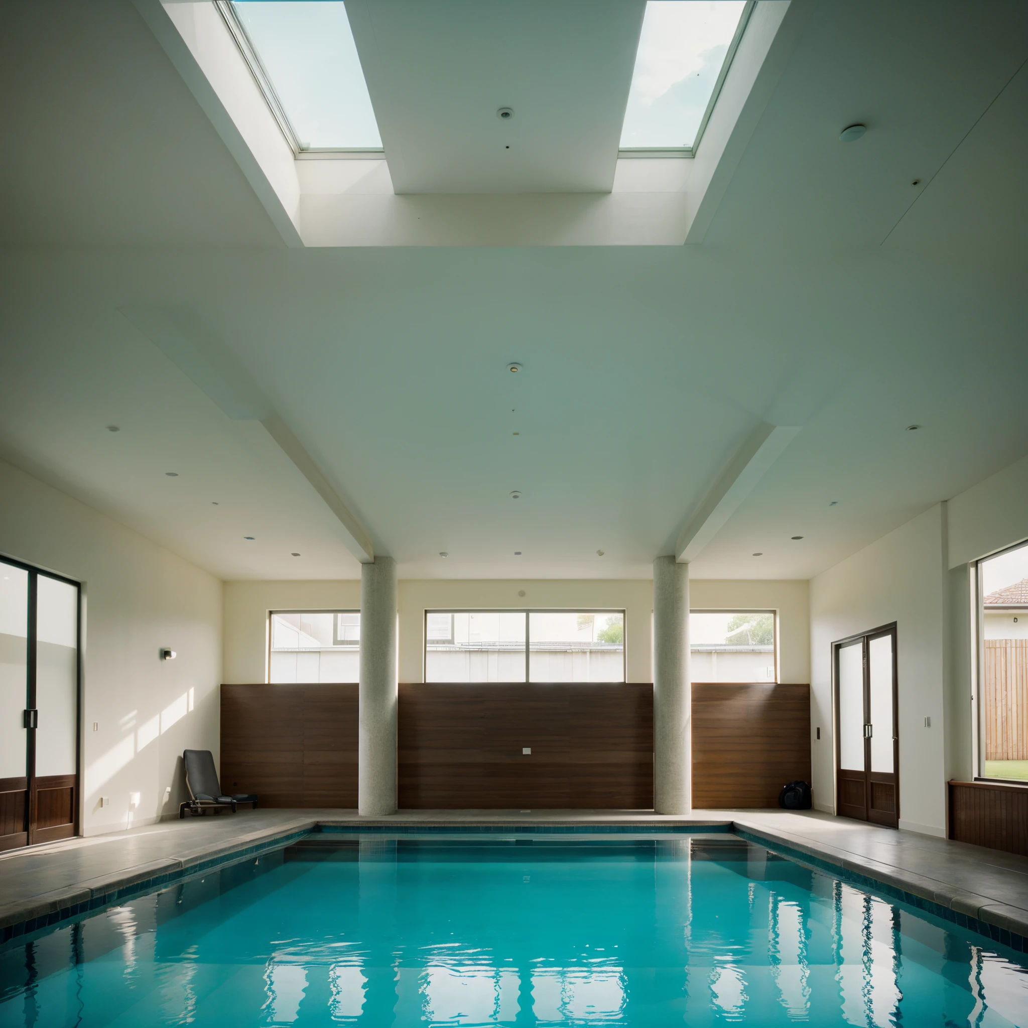 A liminal space , the pool rooms, no existing person, no people, just an empty space with indoor pool during the day