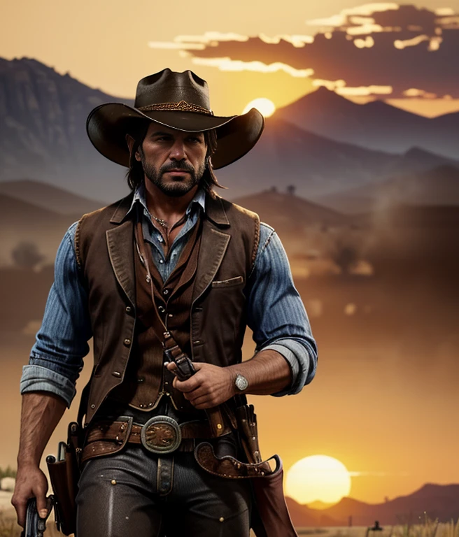 (master piece), (RAW photo), (hyper-realistic), a photo of a man in a cowboy hat holding a rifle, Arthur Morgan, Jessé McCree, [red dead], In Red Dead Redemption 2, art style realistic Red Dead Redemption, (aged face), (old wrinkles) red dead redemption2, Red Dead Redemption 2, In Red Dead Redemption 2, Red Dead Redemption, RDR2, RDR 2 Mod |  |, Dead Redemption, Rockstar Games Art, Wild West, (dimly lit), (setting sun lighting), 4k.  The background of the image must depict an American old-west village, dust and smoke, (ghost town).