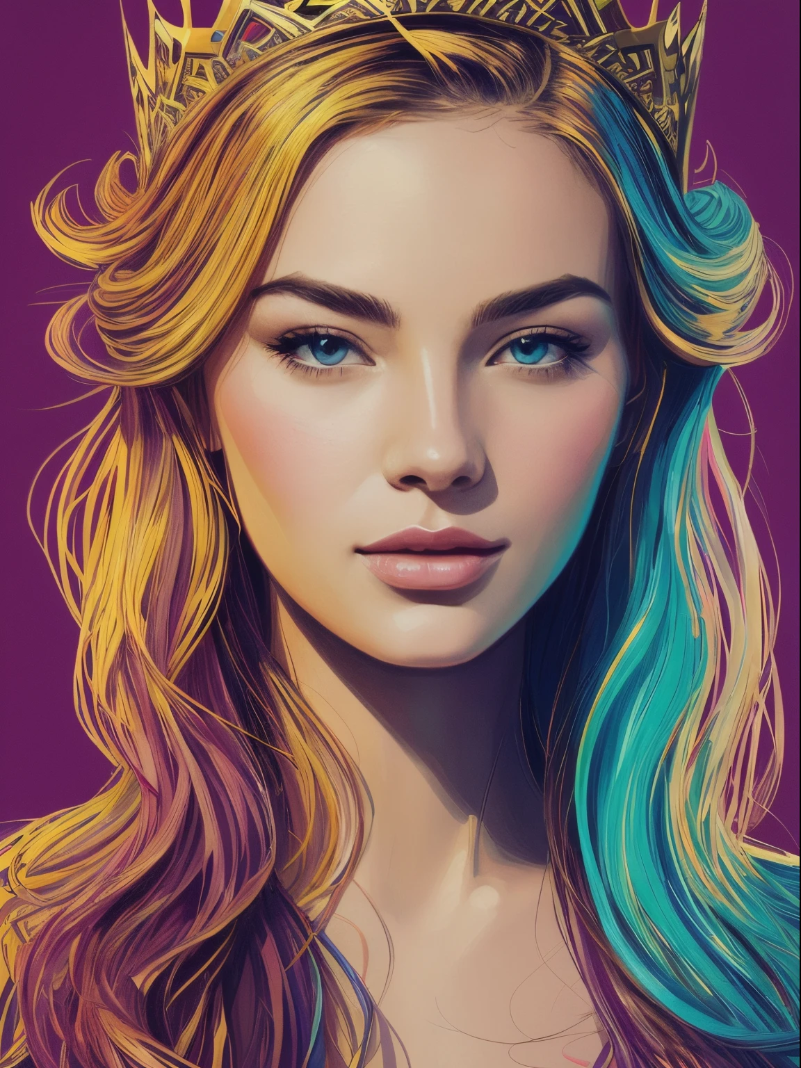 (nvinkpunk:1.2), (snthwve style:0.8), ((best quality)), ((masterpiece)), (detailed), beautiful, FISideRight, perfect face, abstract beauty, Create a digital art work in pop art style, luxury elegance bold with hint of feminine, happy & youthful, authentic, brave, princess wearing crown, (purple), (gold), centered, key visual, intricate, highly detailed, breathtaking beauty, precise lineart, vibrant, comprehensive cinematic, Carne Griffiths, Conrad Roset, vector art, Colorful graffiti illustration, (the most beautiful portrait in the world:1.5)