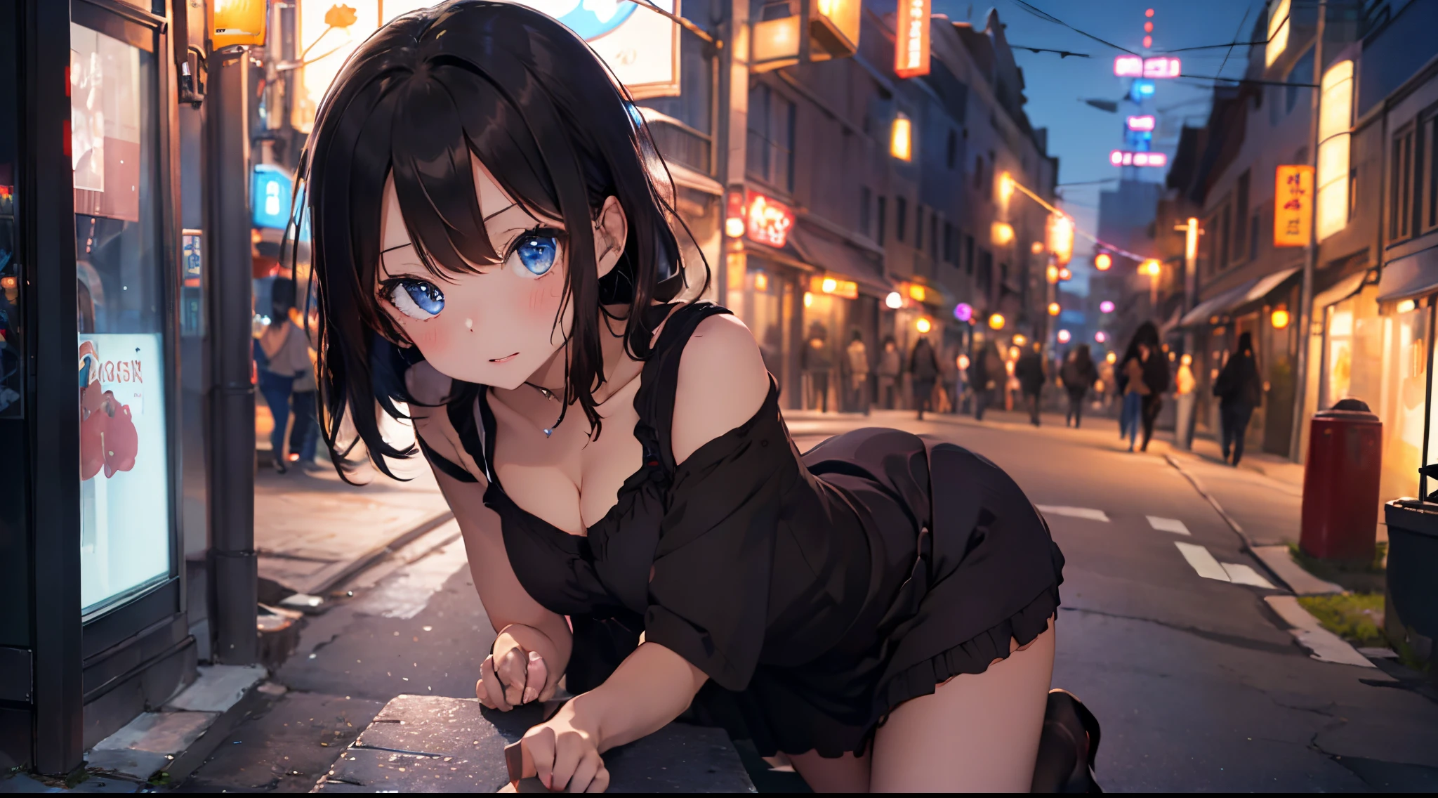 1girl,short brownish black hair,blue eyes, Off-Shoulder Dress with Sandals ,death city, absurdres,high res,ultrasharp,8k,masterpiece,looking at viewer, bust shot.