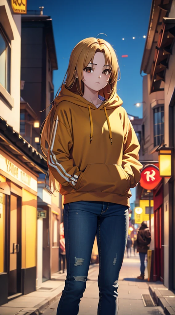 Brown eyes with yellow hair, red hoodie 
and blur jeans, standing,street background ,long hair,