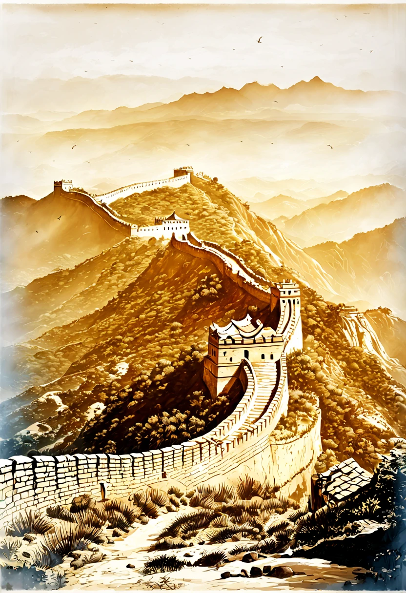 (best quality,4k,highres,masterpiece:1.2),ultra-detailed,grandiose Great Wall,long, winding structure,[majestic mountain landscape],detailed bricks and watchtowers,dramatic lighting,impressive perspective,iconic landmark,ancient defense,China's historical masterpiece,imposing presence,awe-inspiring structure,[vivid colors:1.1],[photorealistic style],[golden sunlight illuminating the scene],majestic architecture,rich history and culture,world heritage site,impressive engineering feat,timeless symbol,icon of China,impressive scale,continues into the distance,endless fortification,[thriving vegetation on the mountains],[distant hikers exploring the path],[peaceful atmosphere],aerial view of the meandering wall,rugged terrain,powerful and sturdy,[incredible attention to detail],awe-struck tourists,unparalleled scenic views,enduring symbol of strength and resilience,reminder of China's ancient past