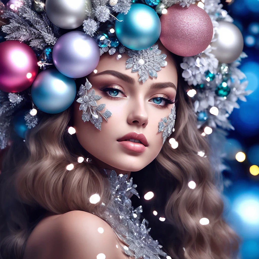 Araffed woman with Christmas decorations on her head and a wreath on her head, holiday season, portrait color glamour, Festive atmosphere, beautiful digital artwork, karol bak uhd, gorgeous digital art, Elven Beauty, beautiful gorgeous digital art, digital illustration art, jewelry with precious stones on the forehead, Portrait of a very beautiful elf woman, beautiful fantasy portrait, winter princess, pink, emerald, silver