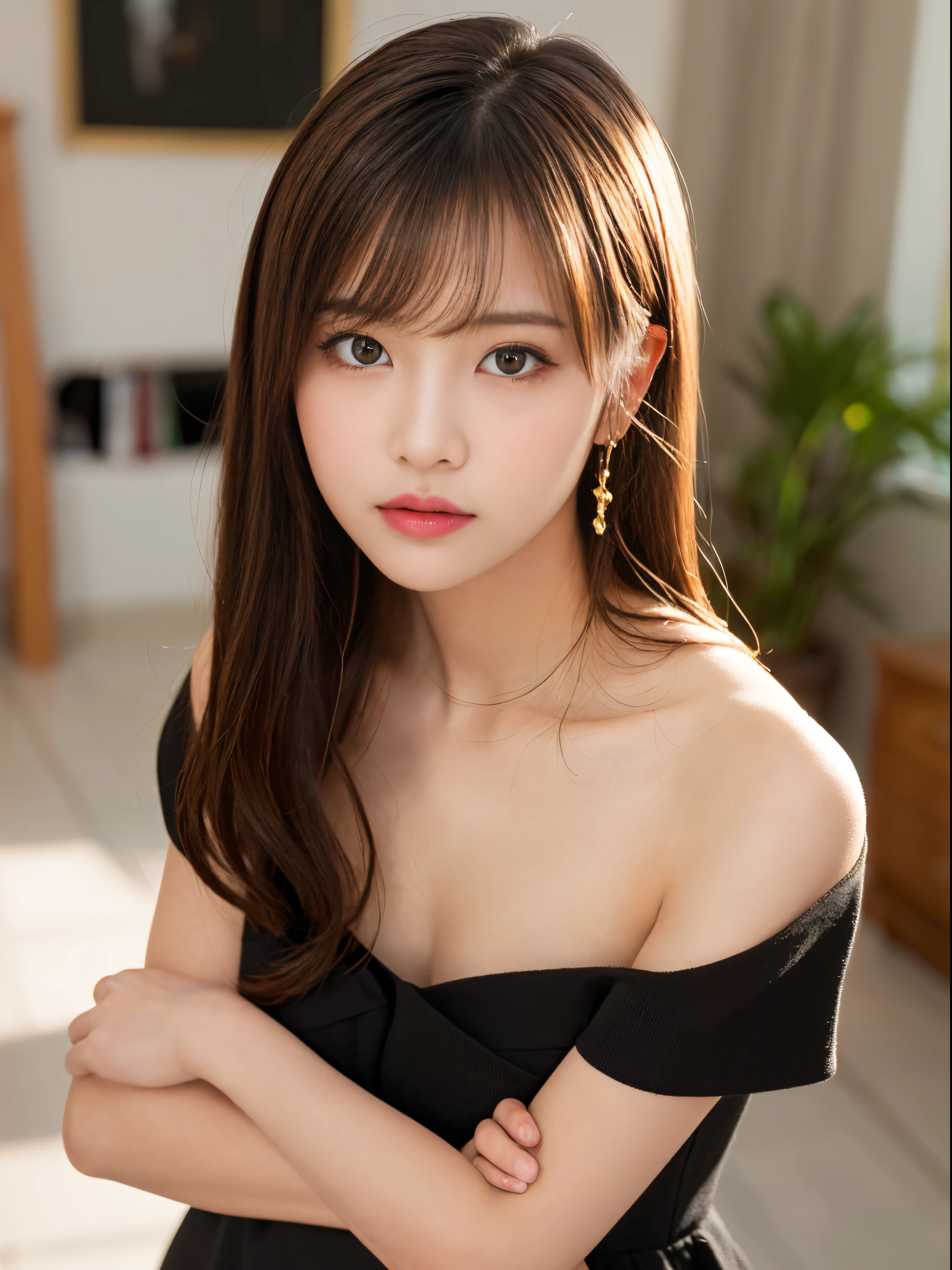 (masterpiece:1.5)、(8K)、(Photorealsitic:1.5)、Raw photography、(Top image quality:1.4)、(foco nítido:1.5)、
top-quality、masterpiece、超A high resolution、very detailed and professional lighting、
23 years old、slender、prety woman:1.4、serious facial expression、
In the living room where the morning sun shines、randome pose、Standing、
she is wearing a short black dress.、
light brown hair、poneyTail、Glowing hair、
Super Detail Face、A detailed eye、二重まぶた、
Natural Color Lip、Transparent skin、