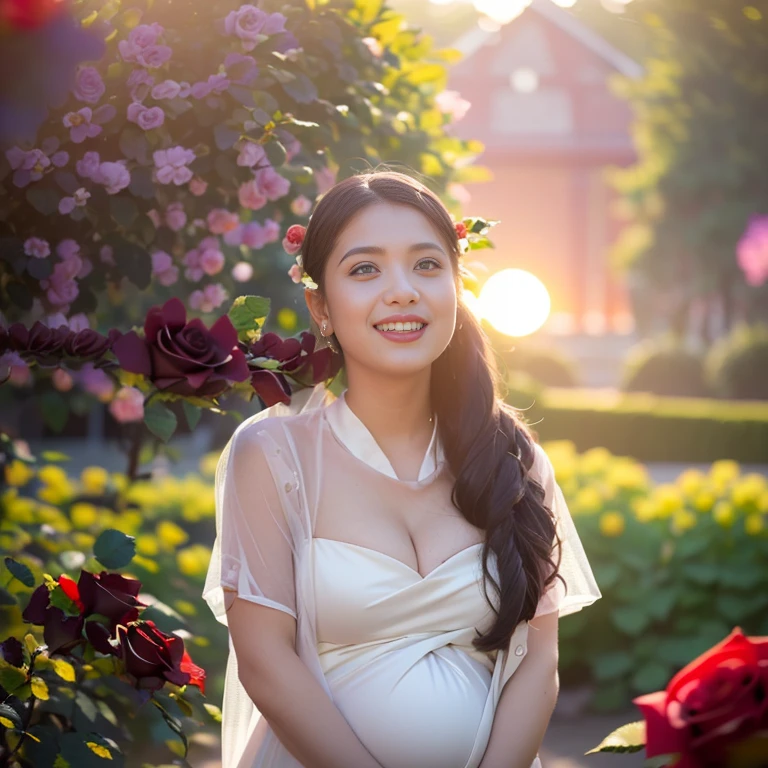 ((((depth of fields))),((((Sunset Backlight),((Slim body)))),15 years old, Twilight rays, lace wedding dresses, flowercrown, (((Rose Tunnel))), Rose Front Blur, Bokeh, Photorealistic, Surrounded by colorful roses, ((Closed)))),(1 girl), ( Sunset:1.3), (8K, Raw photography, Best Quality, masutepiece:1.2), (Realistic, Photorealistic:1.37), Best Quality, Ultra high definition,(Standing in a flower garden:1.3), (Vivid and colorful:1.Pregnant Woman, Big cleavage, chubby figure,pregnant woman、Pregnancy、wearing bikini、wearing a swimming wear、barechested、Pubic hair shows through、pregnant woman、tits out、huge tit、Underwear、