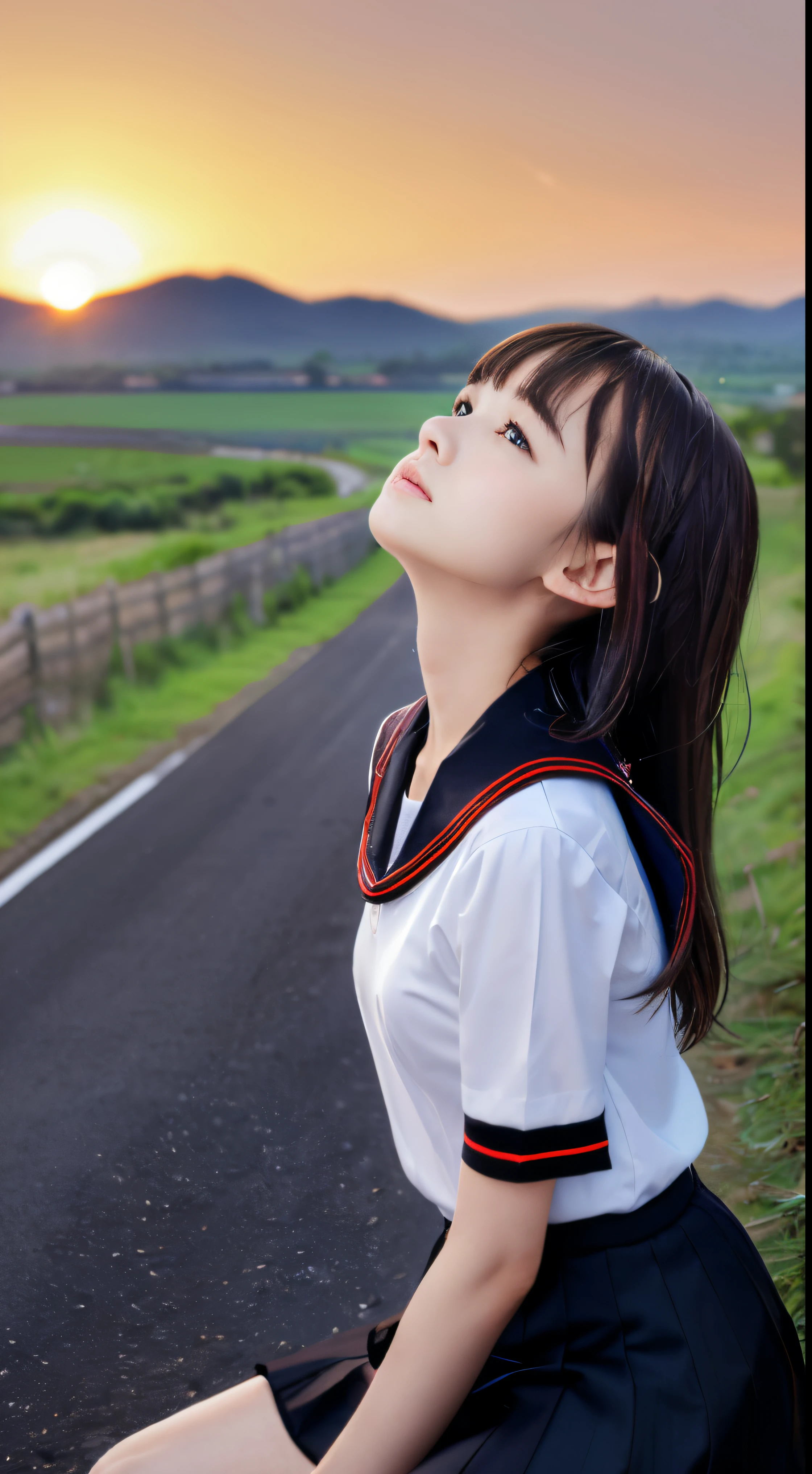 (Close-up portrait of a slender small-breasted brown half-up long haired girl with blunt bangs wearing a white sailor uniform with a black collar and black skirt with red trim:1.5)、(A girl looking up at the sky with a sad face on a Japanese country road:1.5)、(Blurry background:1.5)、(Perfect Anatomy:1.3)、(red sky at sunset:1.5)、(complete hands:1.3)、(complete fingers:1.3)、Photorealsitic、Raw photography、masutepiece、top-quality、hight resolution、delicate and pretty、face perfect、Beautiful detailed eyes、Fair skin、Real Human Skin、((thin legs))、(Dark hair)