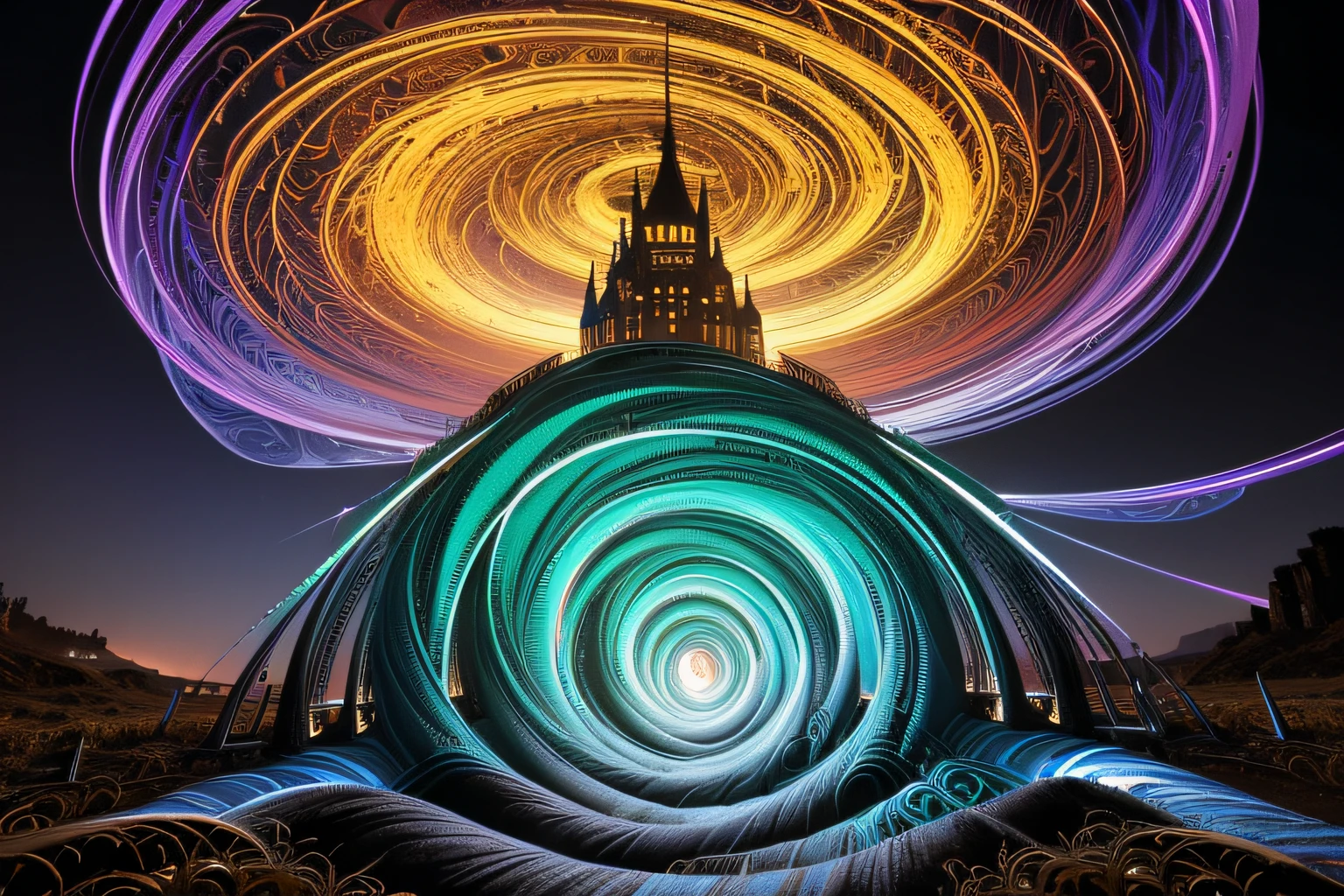 (((Lots of postcard image scenes around swirling vortices:1.5))).(((Mythical dark fantasy castle with majestic and powerful sorcerer with intricate color details:1.3))), Decorated with intricate and detailed robes and globes, The divine magic emanating from his hands creates a wonderful contrast., Stunning very fine details that are fantastic and enchanting, amazing very fine details、Cybernetic wings and intricate fairy-like details, A great contrast with the dark and eerie atmosphere of the castle, High-quality brushstrokes give photorealism. seen from a dramatic angle, (((4K pixel ultra-detailed and ultra-realistic masterpiece:1.3))), Highly intricate and fine detail quality, Fantastic and mysterious atmosphere, Light and shadow interaction, Photo-like images with great detail, Amazingly fine detail、vivd colour, Features that create captivating, otherworldly beauty, grand and majestic々and, Expertly crafted shadow and highlight details,