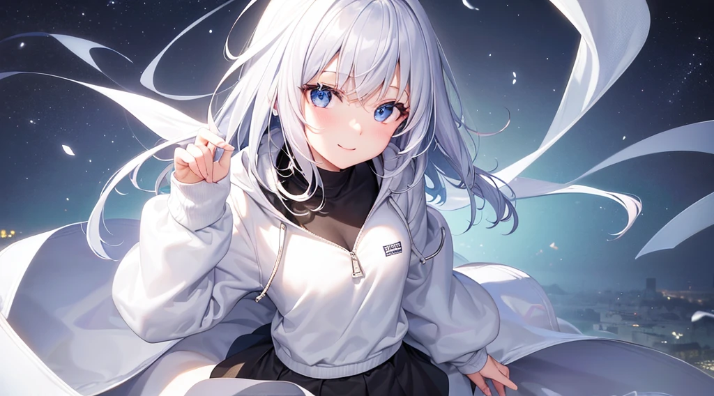Ultra-high image quality,Look at viewers, hands behind back, girl with, 20 years old, Very short hair, long bangs between eyes, pale blue eyes, Hoodie, Skirt , Extremely detailed,(masterpiece、top-quality)、report、White hair、A smile、White skin as clear as snow、Fantastical, Silver hair, Black eyes, Beautiful eyes,, Ecstasy, charmed, be smitten with audience, Hoodie, White hoodie,a black skirt,Hair is short,look down from above,(masutepiece, Best Quality:1.1),report, 1girll, Curve,White jacket, Casual style,Open jacket, Cowboy Shot、report、Fluttering hair、a small face、hason、Bright smile、(parka、white sneaker fingers、Human hand)、(Detailed face) 、(top-quality: 1.4、tmasterpiece、 hyper HD、 Top resolution,、Very detailed、 profetional lighting、 Gray Light Lighting,fantastic landscape,Blue sky, Sunlight,look down from above