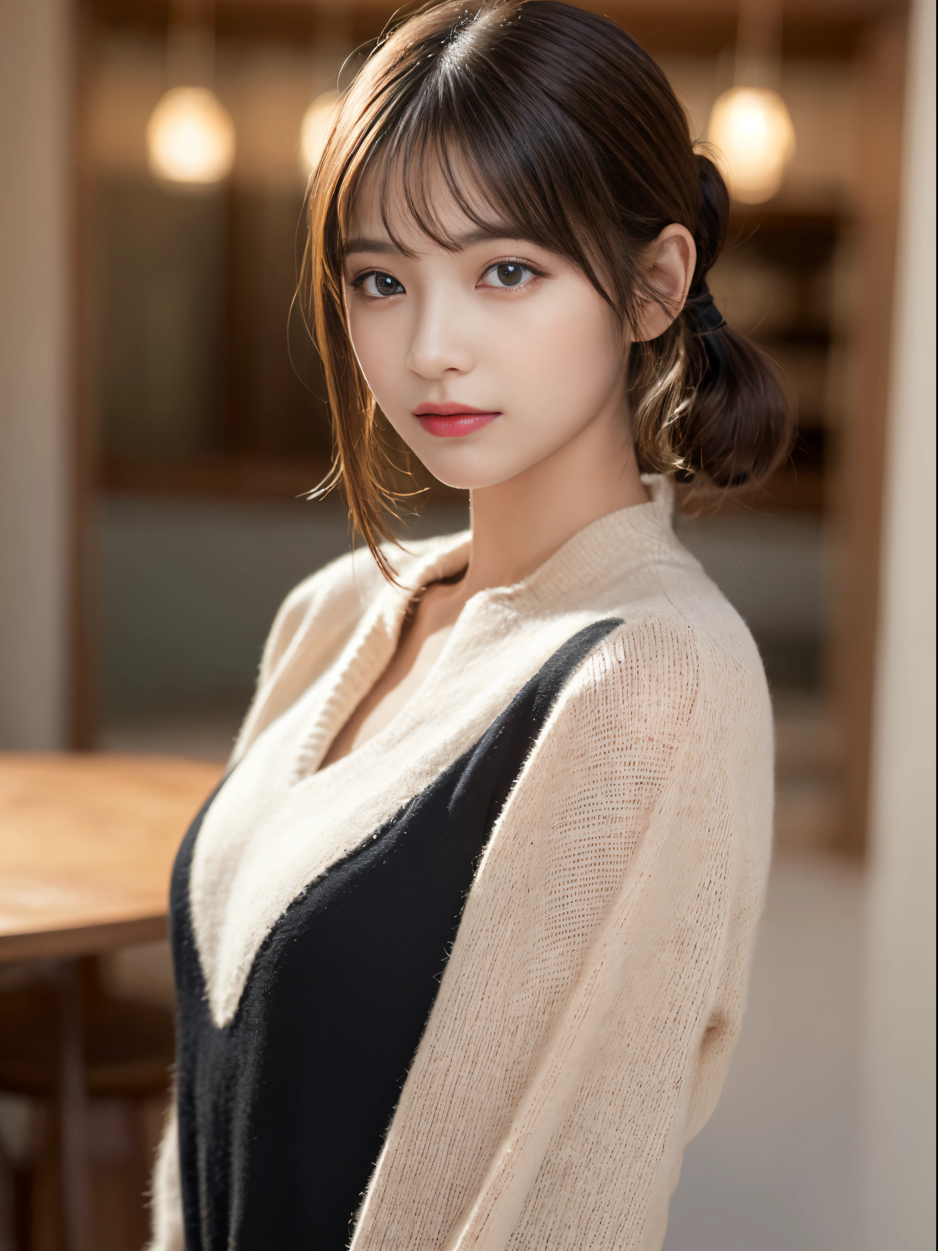 (masterpiece:1.5)、(8K)、(Photorealsitic:1.5)、Raw photography、(Top image quality:1.4)、(foco nítido:1.5)、
top-quality、masterpiece、超A high resolution、very detailed and professional lighting、
23 years old、slender、prety woman:1.4、serious facial expression、
In the living room where the morning sun shines、randome pose、Standing、
she is wearing a short black dress.、
light brown hair、poneyTail、Glowing hair、
Super Detail Face、A detailed eye、二重まぶた、
Natural Color Lip、Transparent skin、
