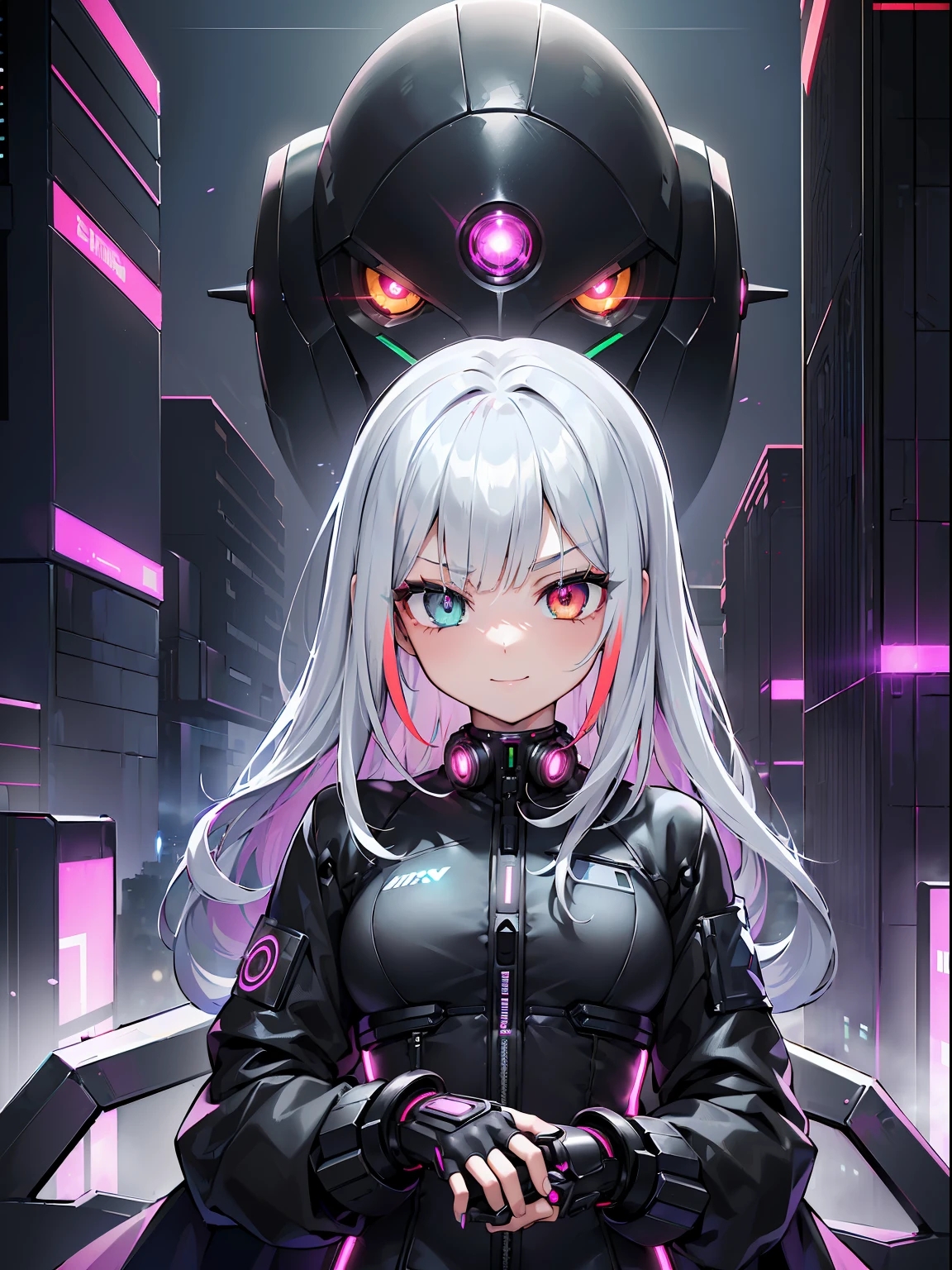 (RAW Photos, Best Quality), (animesque: 1.2), cyberpunked, (((1 Female Android))), (Sharp facial features), (smaller face), (High Detail Skin: 1.2), 鎖骨, Pretty face, Beautiful eyes, long eyelashes, ((silber hair, waved hair, asymmetrical bangs:1.2, multicolored eyes+Heterochromia)), mechanical fingertips, cute smile face, (((cyberpunk clothes, black suits, LED light emitting ))), Futuristic, On the roof of a high-rise building, ((hold a gun)), Night, Look at viewers, ultra-detailliert, Professional Lighting, Photon mapping, Physically Based Rendering,