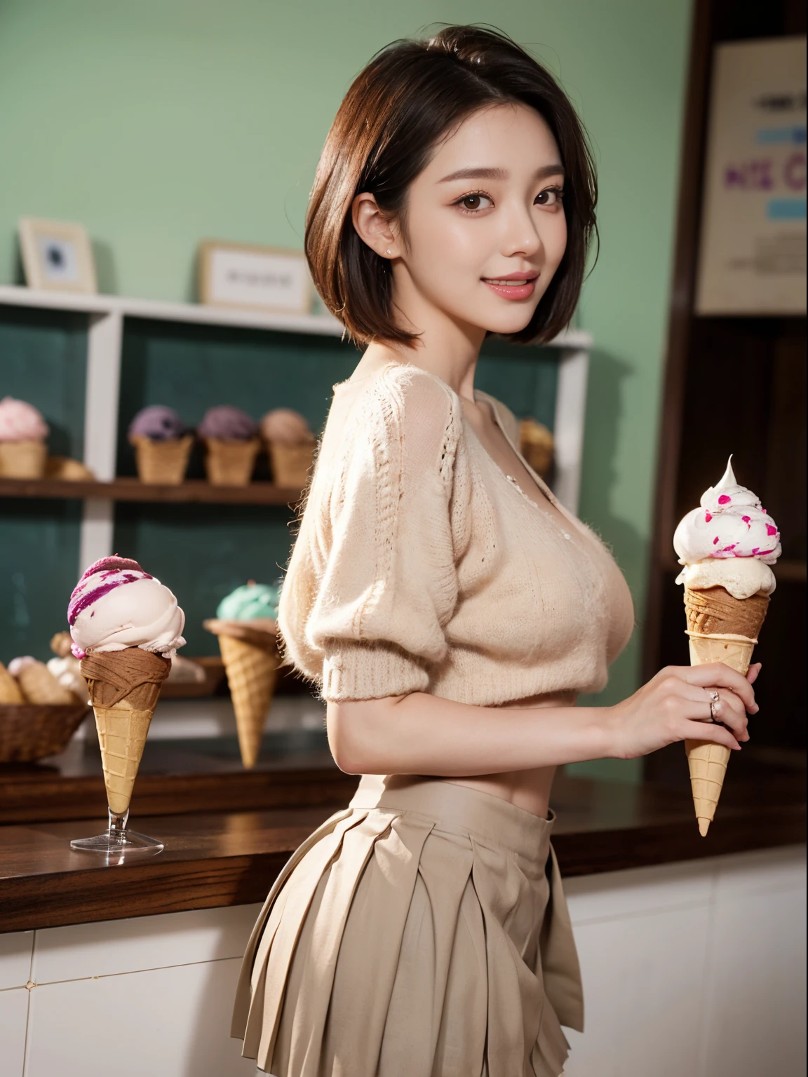 ((((top-quality))))、(((Ultra Precision CG16K Wallpapers)))、(((masterpiece)))、(((ultra-detailliert)))、(((Ultra-extreme details)))、1Man Woman、Underage females、18yo woman、((Korean Face))、((extremely beautiful face))、((K-pop idol、HAERIN:1.5))、((Straight Short Bob Hair:1.3))、(shinny hair)、Bangs up to the eyebrows、Beautiful brown hair、Beautiful delicate eyes、Brown eyes、raised eyebrows、lofty nose、small nostrils、Small mouth、seductive lips、slightly open mouth、Beautiful breasts、C-cup size breasts、cleavage of the breast、Plump body、perfectly proportions、perfect anatomia、perfect-composition、beautiful detailed shading、Beautiful natural lighting、Beautiful detail glow、depth of fields、(((a high chroma)))、(((realisitic:1.9)))、((Vivid:1.4))、((Beautiful skin))、((Skin texture))、((Realistic skin feeling))、(((Head-to-thigh shot:1.5)))、((Side angle:1.5))、((a smile:1.4))、(Eyes looking at me)、Bright sunshine、(((standing in an ice cream shop:1.5)))、(Slouching Pose:1.3)、(Blur the background)、(((brown mohair knit clothes:1.5)))、(((Wearing a pleated miniskirt:1.5)))、