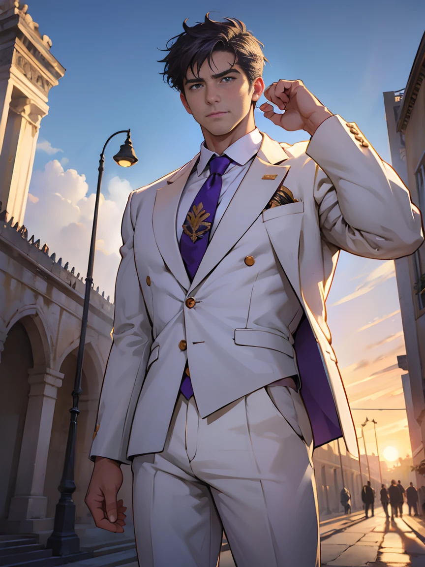 Constantine the Great, the reigning Roman Emperor。one mature man。talented and hardworking politician。he is wearing a high quality white suit。dark purple tie。Light purple shirt。He's looking at you with bright, sharp eyes like a lion's.。forceful。An overwhelming sense of control。lyrical。Venice background in the sunset。masterpiece。top-quality。Super beautiful。The ultra -The high-definition。detaileds。exquisite。