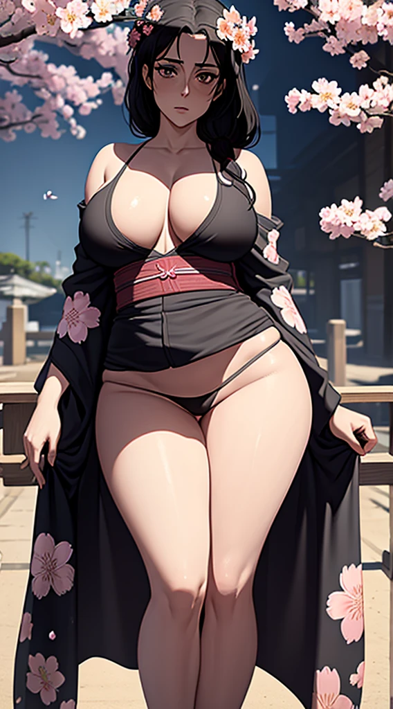(masterpiece), best quality, expressive black eyes, perfect face, massive boobs, standing, wearing a kimono, cherry blossom trees background, flowers on her head,front facing, black hair, thigh legs , Carla Yeager