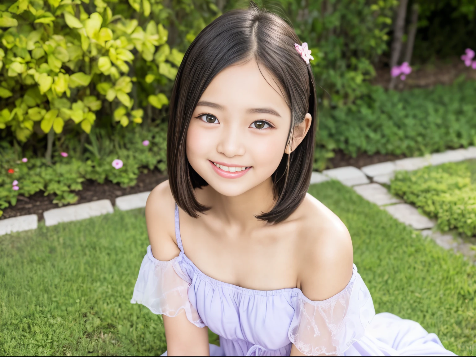 (off shoulder sheer summer dress),  sixteen years old,  Smiling , Round eyes, japanaese girl, hair scrunchie, Flower Garden, Low contrast, (masuter piece:1.2), highlydetailed skin,  Best Quality, 超A high resolution, photographrealistic, ultra-detailliert, 8K, Raw photo