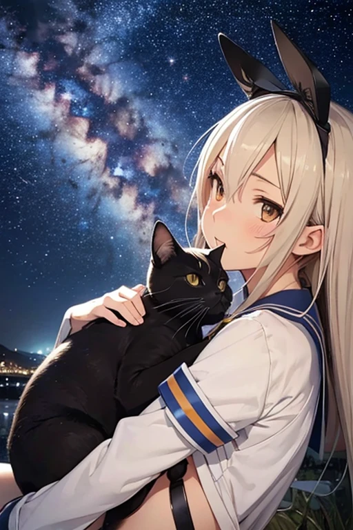 hyper detailed, perfect anatomy, extremely detailed and delicate, 1 girl, shimakaze(kancolle), 1 cat, night sky, stars, milkyway, hugging a black cat,