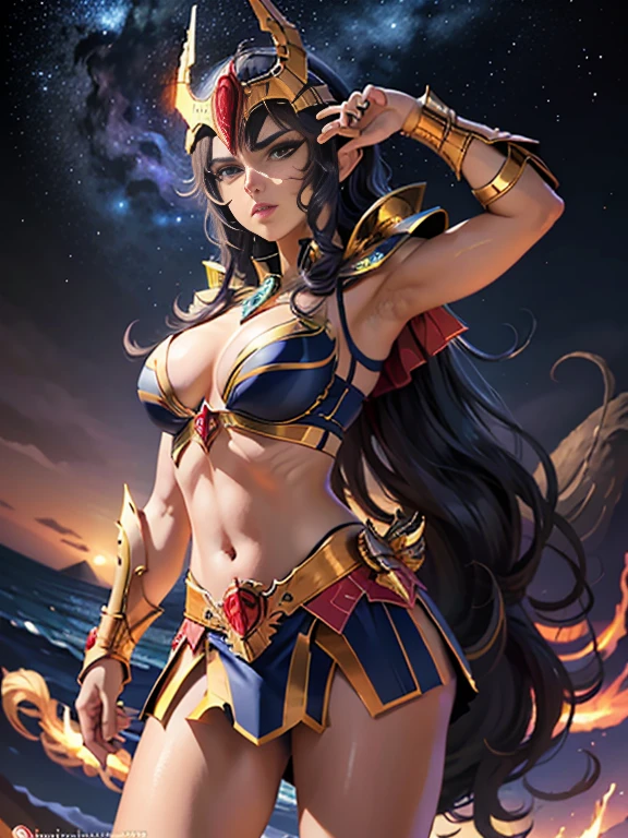 obra-prima, melhor qualidade, ultra alta res, bikini type armor, alta resolução, foto crua, 1 menina, pele brilhante, (pele de detalhe: 1.2), textura de pele realista, best ilumination, sem capacete, brilho, clivagem da mama, bikini sexy armor, lighting dramatic, dinamic pose, (fundo do templo grego: 1.1), (noite: 1.2), (night sky), cosmos, milky ways, bikini armadura dourada, (decote), Phoenix_Ikkeios enormes), pele bronzeada, cabelo preto, (prata peito guarda: 1.3), (capacete), camisa azul, vulkan, lava, serious face