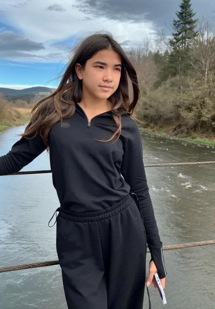 14-year-old girl,stop on a bridge with a river in the background, Ropa de senderismo, negro, photograph of a techwear woman, Ropa negra casual, con una sudadera con capucha negra, inspirado por Ion Andreescu, Ropa negra, Ropa deportiva, Ropa negra, wearing a track suit, Ropa vestida de negro, Imagen de perfil, con una sudadera con capucha negra