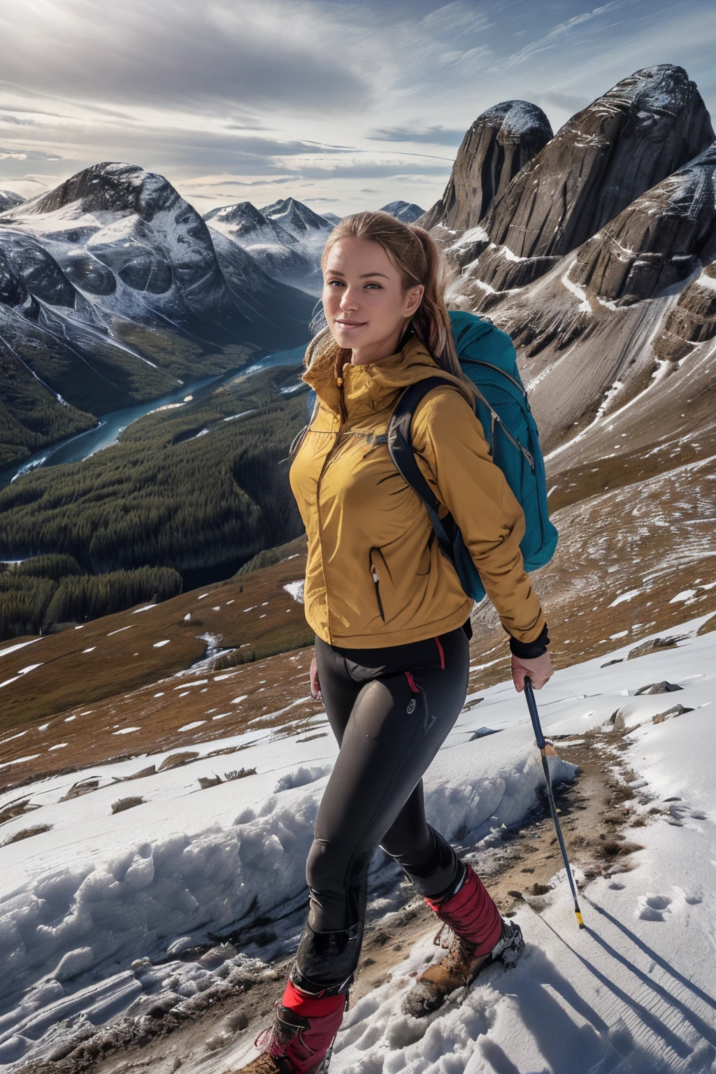 Naturescape photography; mountain climbing; Full body view; (1woman:0.5, solo), (slender body), (Small breasts) , (soaking wet red Norrøna Trollveggen shell jacket , hiking tights , wet wear, hiking boots, (((very large rucksack))),  (climbing axe), (crampons), ((walking on a mountain ridge )), (( snowdrift )),windy, Rough track, boulders , (long yellow hair), ponytail, (nordic girl, 36-year-old, ultra delicate face, ultra Beautiful face, ultra delicate eyes, ultra detailed nose, ultra detailed mouth, ultra detailed facial features, natural skin, blemishes, blue eyes), (smile: 0.8) (breasts are small: 0.5) (face  shiny:0.8), (natural skin:1),(heavy winter snow fall, mountain views, with rugged Norwegian mountain ranges in the distance ), (Highest Quality, hyper-realistic:1.3, Super dense, very detailed illustration, Best image quality, very detailed illustration) natural skin, blemishes, detail skin texture, full body pose, natural skin poors, (((shot straight from the front )))  blizzard