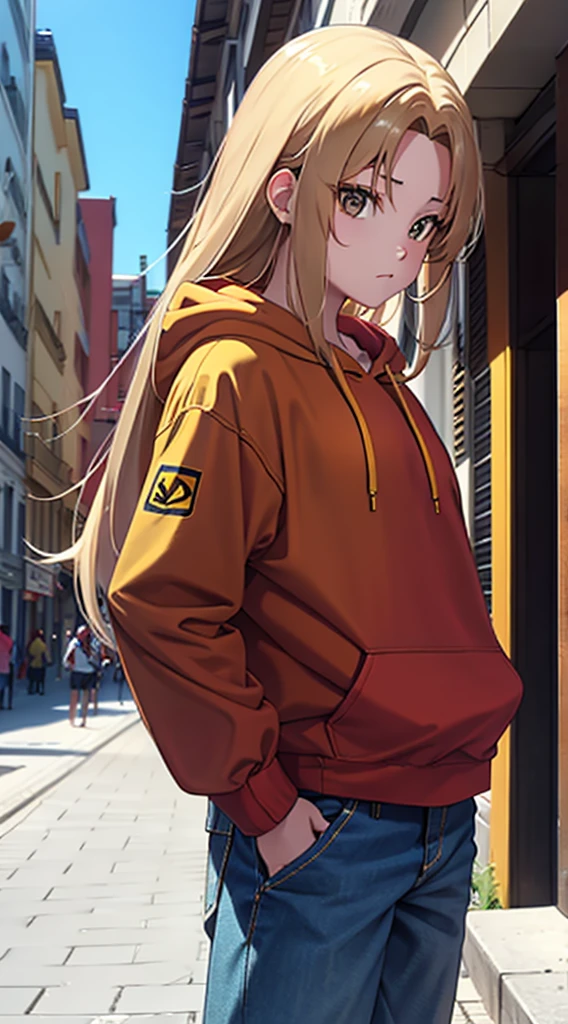 Brown eyes with yellow hair, red hoodie 
and blue jeans, standing,street background ,long hair,