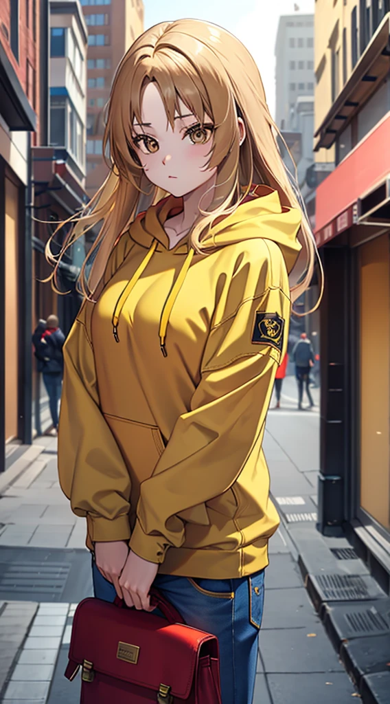 Brown eyes with yellow hair, red hoodie 
and blue jeans, standing,street background ,long hair,