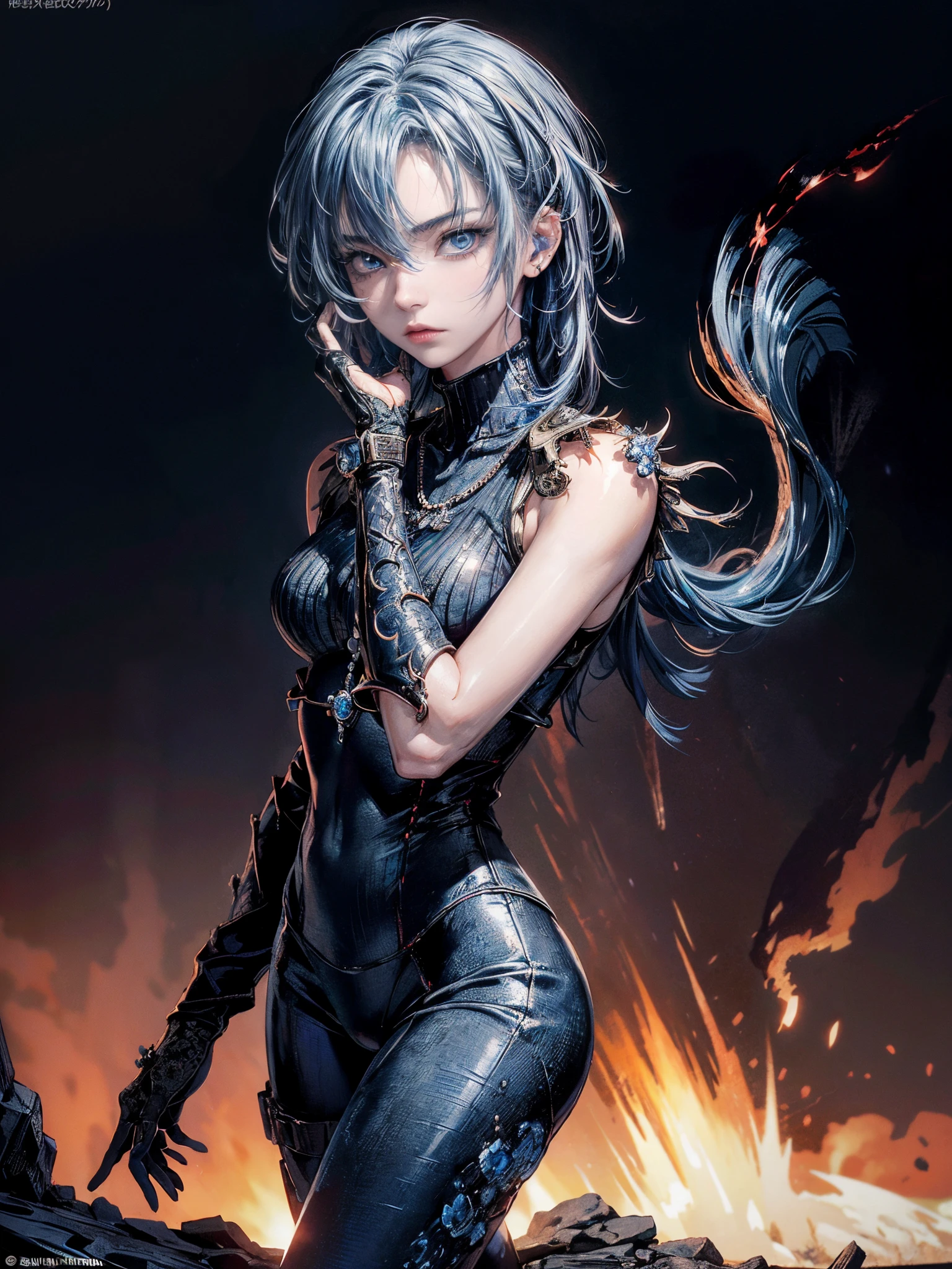 Cinematic lighting、16k picture quality、highlydetailed skin、masutepiece,(1girl in, Solo:1.2)、Best Quality,cyberpunked,(Detailed beautiful facial featureedium Hair、Blue hair、blue eyess:1.3)Rosary Necklace、
BREAK、Rock style turtleneck style battle suit, (raise one hand to the side、Special Move)Fire magic、(Flame effect in one hand、fire from one hand)shoot flames from arms and hands、Training ground、ruined buildings