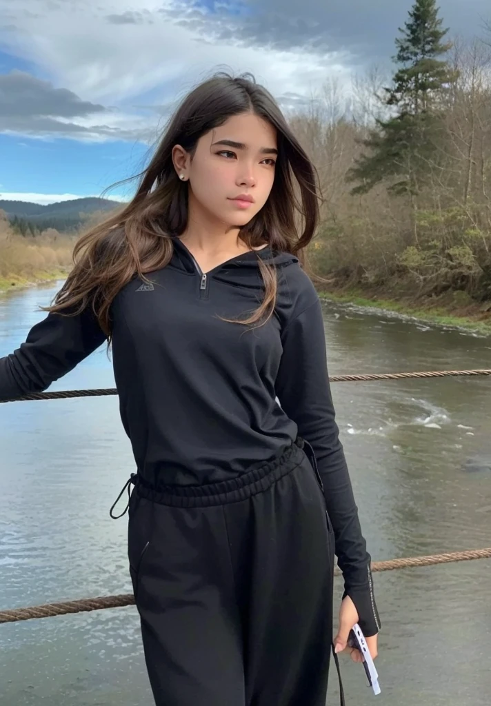 -yeld gistop on a bridge with a river in the background, Ropa de senderismo, negro, photograph of a techwear woman, Ropa negra casual, con una sudadera con capucha negra, inspirado por Ion Andreescu, Ropa negra, Ropa deportiva, Ropa negra, wearing a track suit, Ropa vestida de negro, Imagen de perfil, con una sudadera con capucha negra
