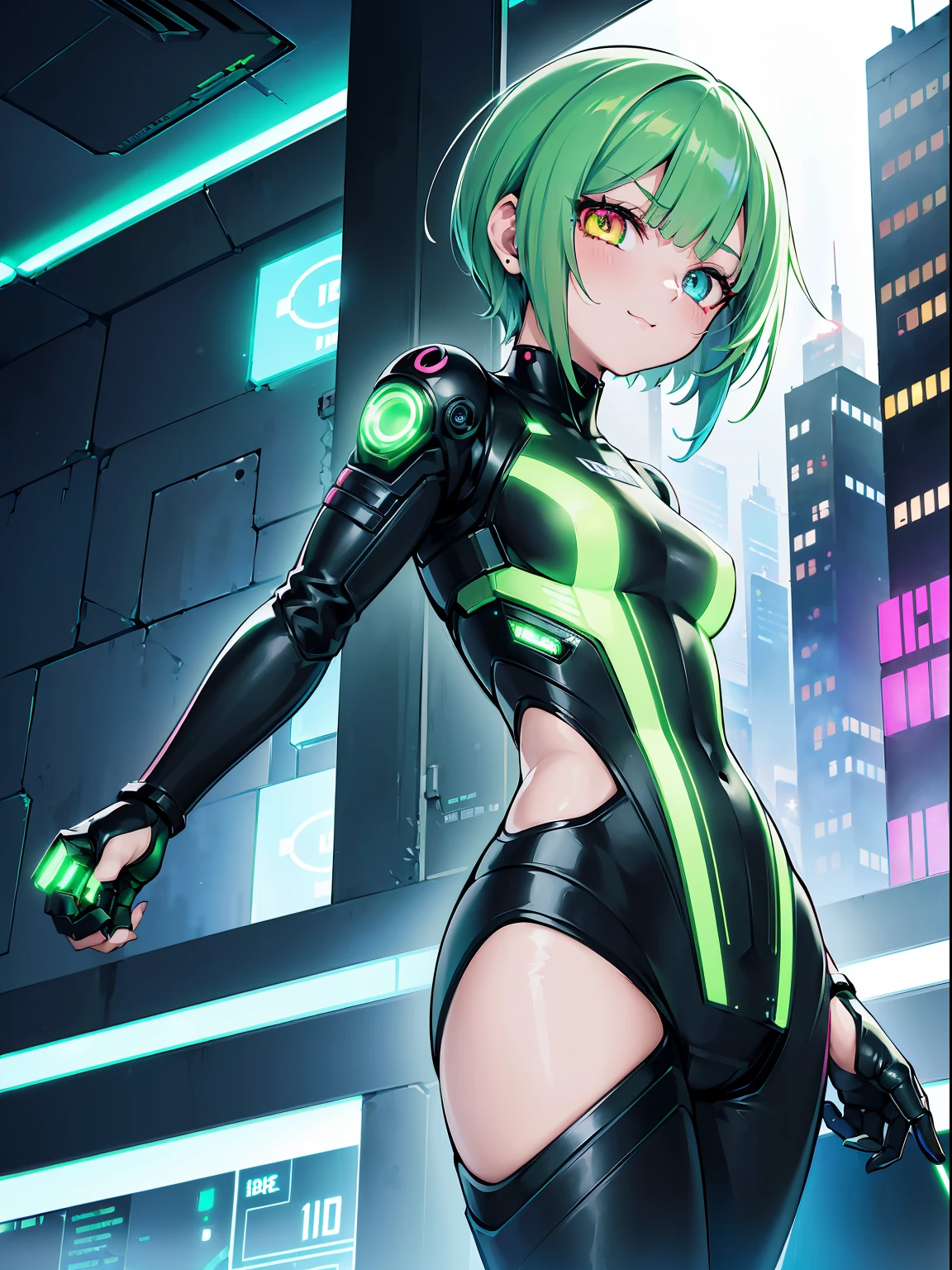 (RAW Photos, Best Quality), (animesque: 1.2), cyberpunked, (((1 Female Android))), (Sharp facial features), (smaller face), (High Detail Skin: 1.2), 鎖骨, Pretty face, Beautiful eyes, long eyelashes, ((Green hair, short-hair, asymmetrical bangs:1.2, multicolored eyes+Heterochromia)), mechanical fingertips, Screaming, (((cyberpunk clothes, LED light emitting))), Futuristic, Bustling street, ((jump out from the shadows, glareing)), Night, ultra-detailliert, Professional Lighting, Photon mapping, Physically Based Rendering,