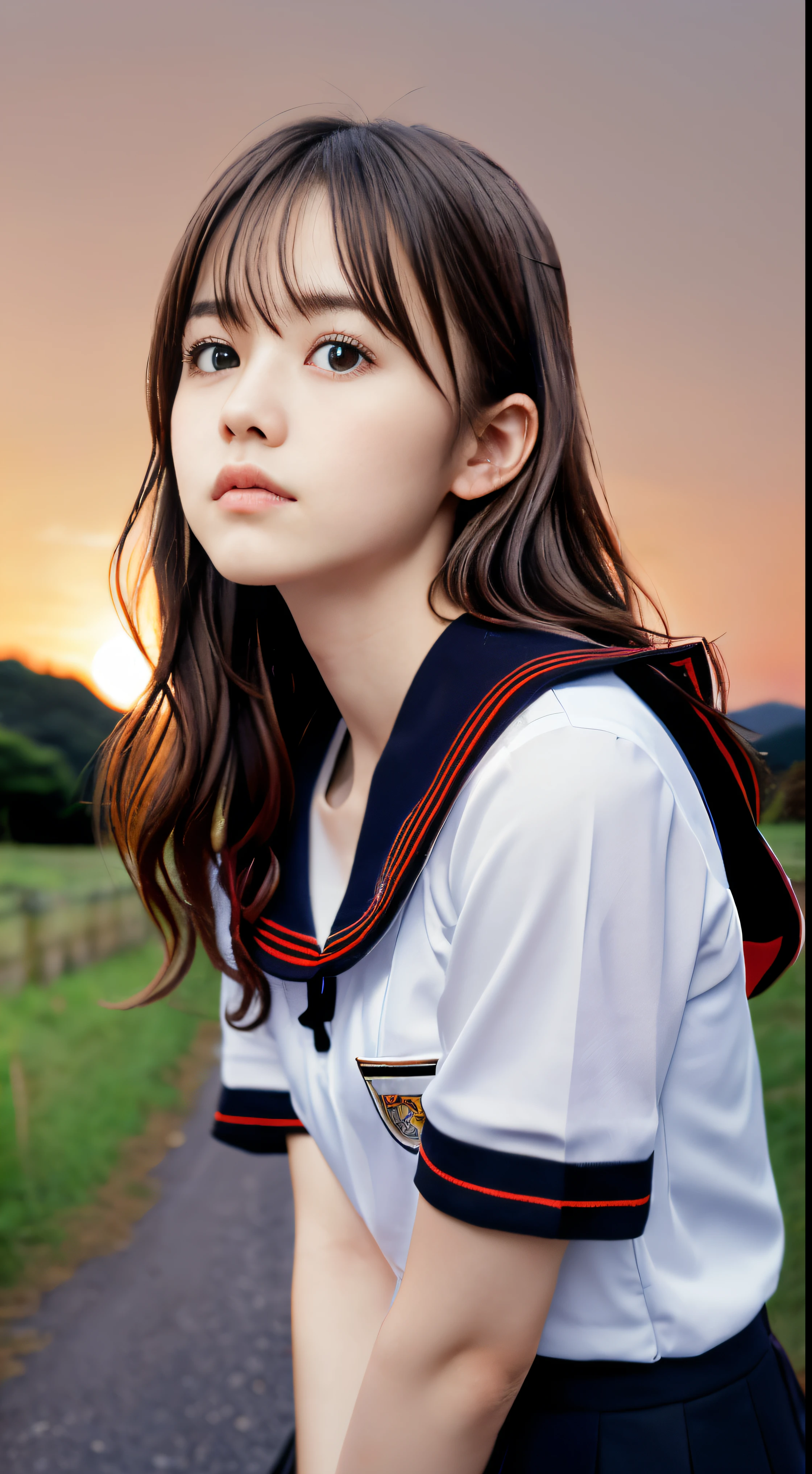 (Dressed in a white sailor uniform with a black collar and black skirt with red trim、Close-up portrait of a girl with long light brown wavy hair:1.5)、(A girl looking up at the sky with a sad face on a Japanese country road:1.5)、(Blurry background:1.5)、(red sky at sunset:1.5)、(Perfect Anatomy:1.3)、(complete hands:1.3)、(complete fingers:1.3)、Photorealsitic、Raw photography、masutepiece、top-quality、hight resolution、delicate and pretty、face perfect、Beautiful detailed eyes、Fair skin、Real Human Skin、((thin legs))、(Dark hair)