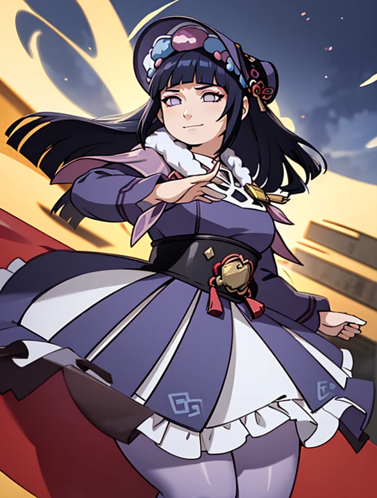 ((masterpiece:1.2)), best quality, (pretty face), dramatic lighting, obese 1girl, solo, blunt bangs, hime cut, obese body, black corset, dark blue hair, collar, mascara, long hair, sidelocks, floating hair, looking at viewer, (makeup), pink capelet, qi ta, purple eyes, puffy long sleeves, bonnet, purple dress, (large breasts), (under bust), light smile, skirt, (purple pantyhose), (wind blowing skirt), anime screencap, (night sky), east asian architecture, Liyue, tassel, black footwear, (half closed eyes), genshin impact, (purple eyes:1.3), hyuuga hinata as yun jin, standing elegant