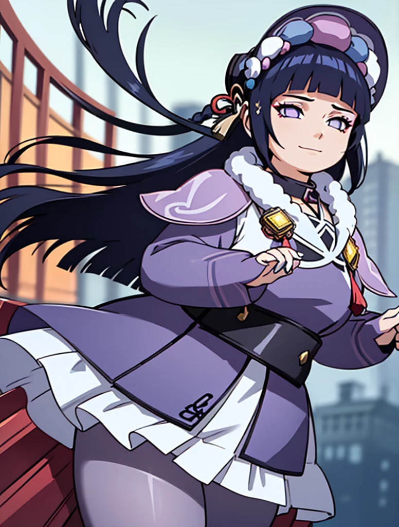 ((masterpiece:1.2)), best quality, (pretty face), dramatic lighting, obese 1girl, solo, blunt bangs, hime cut, obese body, black corset, dark blue hair, collar, mascara, long hair, sidelocks, floating hair, looking at viewer, (makeup), pink capelet, qi ta, purple eyes, puffy long sleeves, bonnet, purple dress, (large breasts), (under bust), light smile, skirt, (purple pantyhose), (wind blowing skirt), anime screencap, (night sky), east asian architecture, Liyue, tassel, black footwear, (half closed eyes), genshin impact, (purple eyes:1.3), hyuuga hinata as yun jin, standing elegant