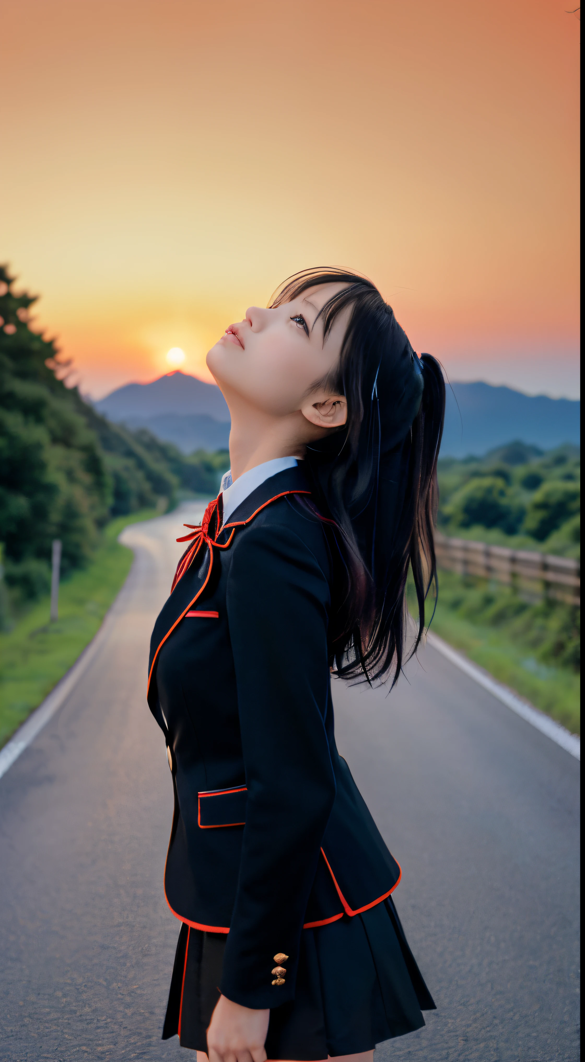 (Close-up of a slender small-breasted two-side-up haired girl wearing a black blazer uniform with a red-trimmed collar and a black skirt:1.5)、(A girl looking up at the sky with a sad face on a Japanese country road:1.5)、(Uniform with a black blazer and a skirt with a red edging collar:1.5)、(Blurry background:1.5)、(red sky at sunset:1.5)、(Perfect Anatomy:1.3)、(complete hands:1.3)、(complete fingers:1.3)、Photorealsitic、Raw photography、masutepiece、top-quality、hight resolution、delicate and pretty、face perfect、Beautiful detailed eyes、Fair skin、Real Human Skin、((thin legs))、(Dark hair)