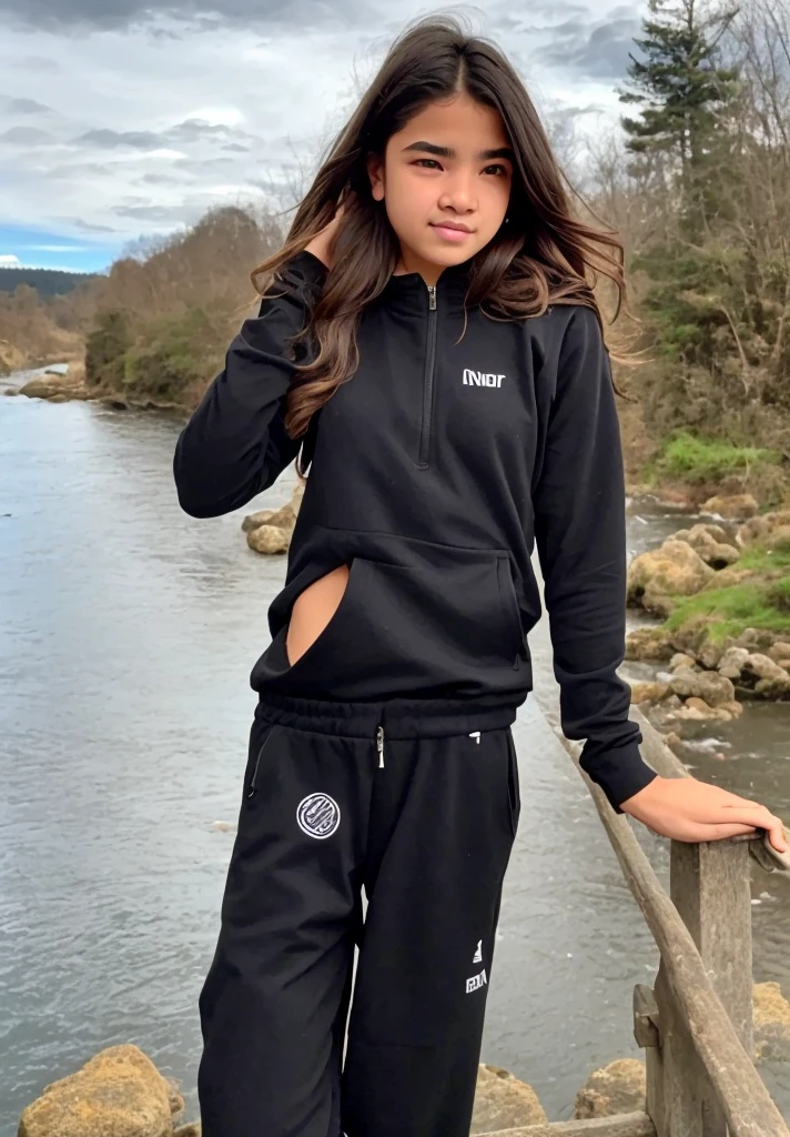 14-year-old girl,stop on a bridge with a river in the background, Ropa de senderismo, ?????, photograph of a techwear woman, Ropa negra casual, con una sudadera con capucha negra, inspirado por Ion Andreescu, Ropa negra, Ropa deportiva, Ropa negra, wearing a track suit, Ropa vestida de negro, Imagen de perfil, con una sudadera con capucha negra
