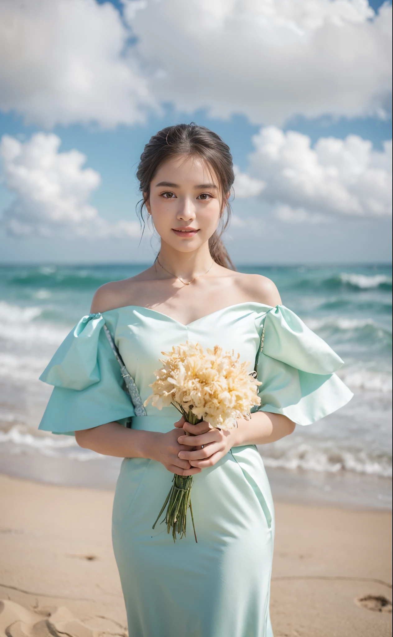 （The upper part of the body），（best qualtiy：1.1），（force：1.1），（photography of：1.1），（highly  detailed：1.1），looking at viewert，armlets，Jade bracelet，eyeslashes，cheerfulnesedium，Beautiful Meticulous Girl，（very detailed eyes and faces），（Lighting on the face），[Chinese clothes]，[cropped shoulders]，（Solo exhibition：1.2），sandbeach，sandbeach，standing on the sea side，夏天，（Beautiful detailed sky），