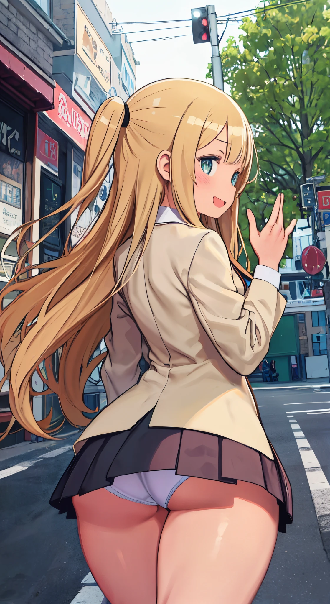 (( 1girl in)), NSFW、blush,(well-muscled)、Brown skin、Golden hair、the eyes are orange、double tooth、big butt in the shape of a tree))、(((thick thighs)))、Sweat、:D、Long hair、((Unkempt hair))、School uniform、Red mini skirt、blues kajan、(Light blue striped panties)、In the street、((Panchira))、Kicking
